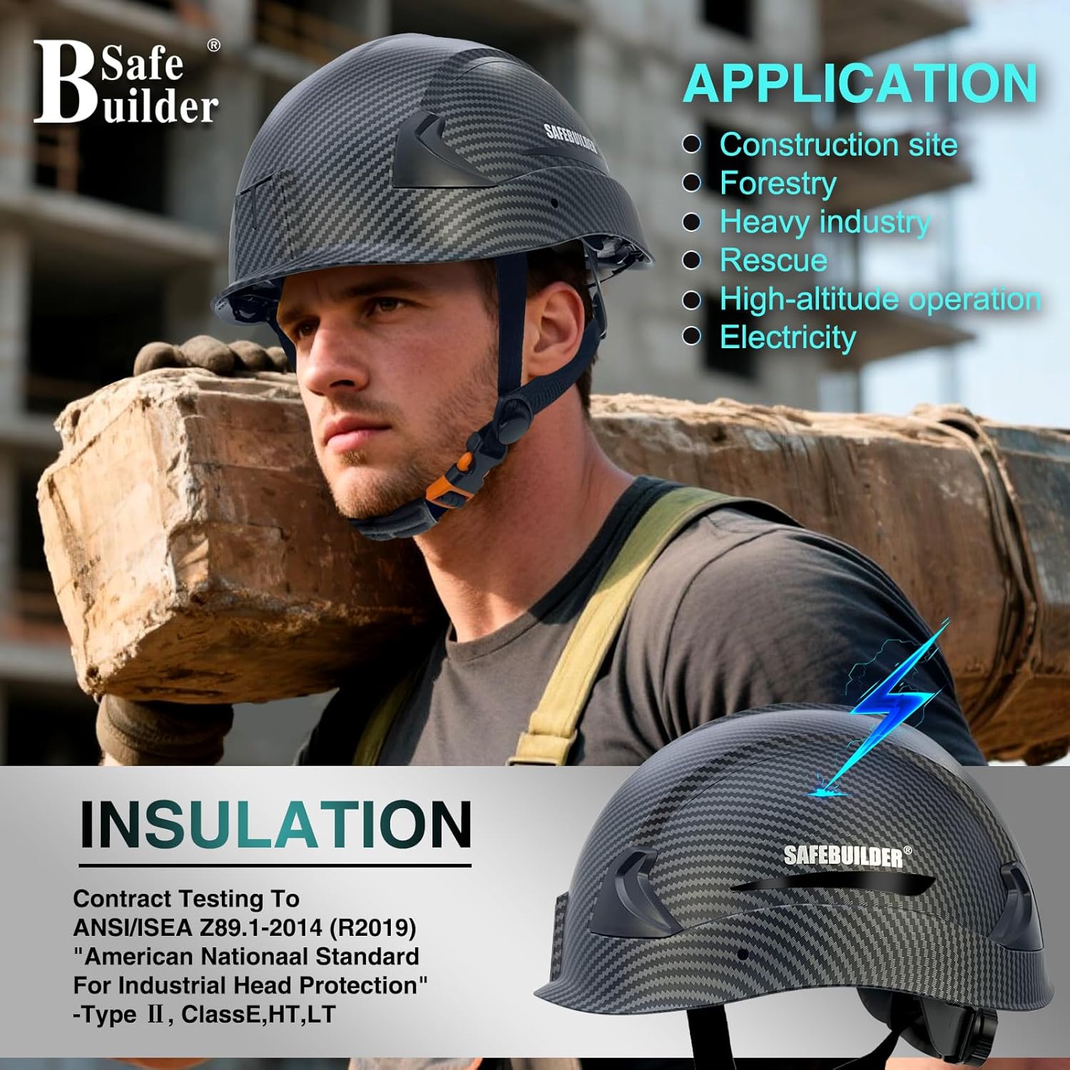 SAFEBUILDER G2E Safety Helmet Type 2 Class E Hard Hats with EPS Foam Liner Lightweight Adjustable Size for Eletrical Construction Rescue Work at Height OSHA