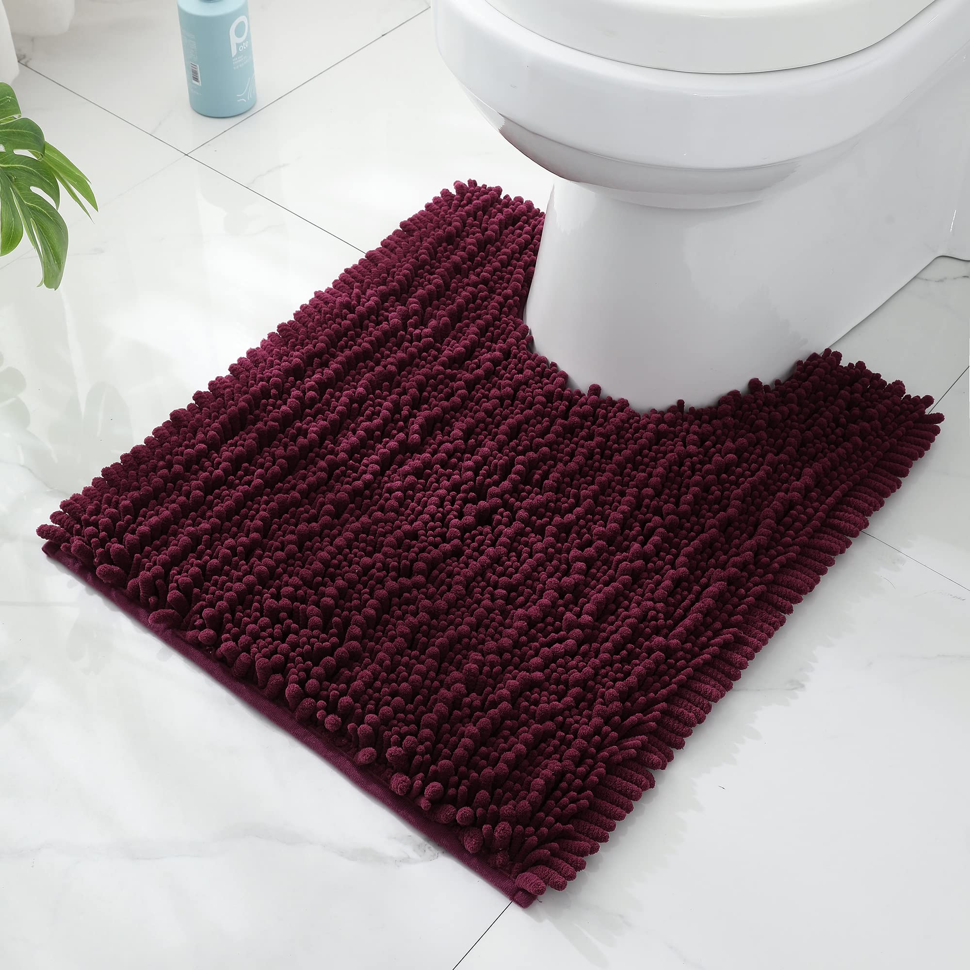 FLOLEOPA Luxury Toilet Rug, U-Shaped Shaggy Contour Mat for Bathroom, Super Absorbent Water, Non-Slip, Machine Washable, 24 X 20 Inches, Burgundy