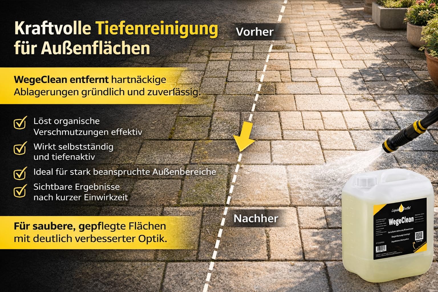 Liquid Outlet Wege Clean Steinreiniger 2x 10L – Biologischer Grünbelagentferner für Pflastersteine, Kies & Beton – Steinreiniger intensiv außen, Flechtenentferner, Terassenreiniger Außenbereich