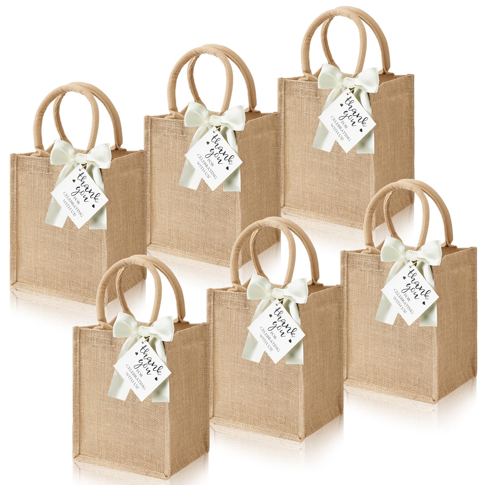 Paterr 6 Pack Burlap Tote Bags with Handles Small Bachelorette Party Gift Bag Reusable Jute Tote Bags with Bow Thank You Tag