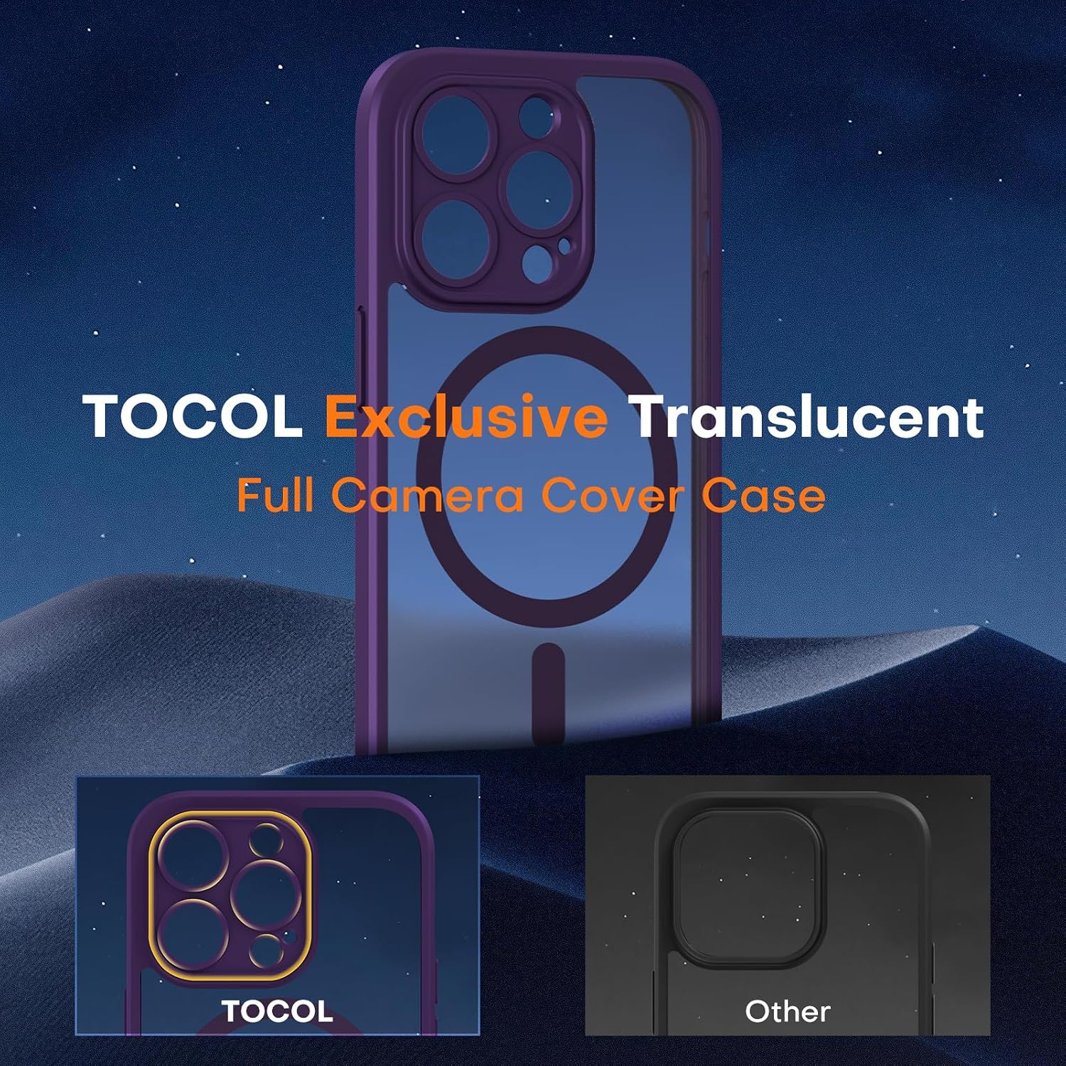 TOCOL 3 in 1 Magnetic for iPhone 14 Pro Case, [Upgraded Camera Protection] with 2 Screen Protector, Fit for MagSafe, [Military Grade Drop Tested] Slim Translucent Matte Back Cover, Midnight Purple