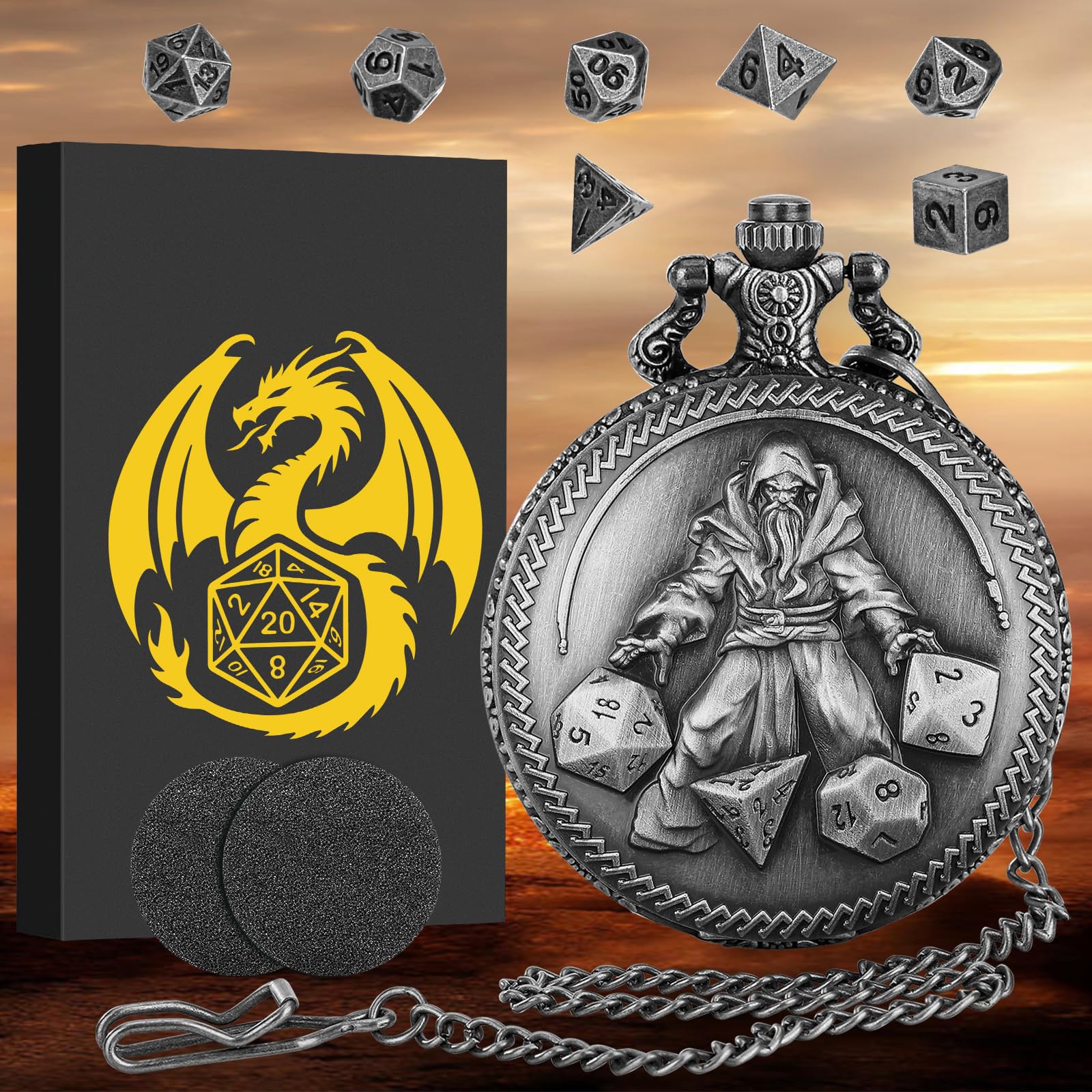 Mini juego de dados DND, funda de reloj de bolsillo para reloj de bolsillo, 7 piezas de metal poliédrico, juego de dados D&D, regalos de Calabozos y Dragones con caja de regalo, accesorios de juego de