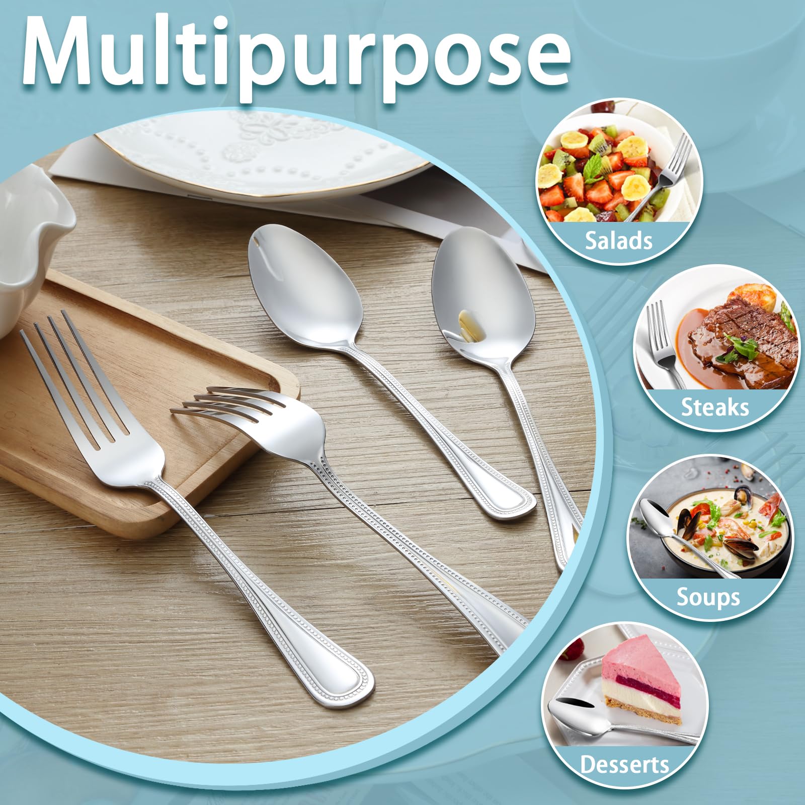 24 PCS Spoons and Forks Set, Food Grade Stainless Steel with Pearl Dot Design Handle Silverware Set, Mirror Polished Dishwasher Safe, Silverware Forks and Spoons for Home or Restaurant — Amazon image 6