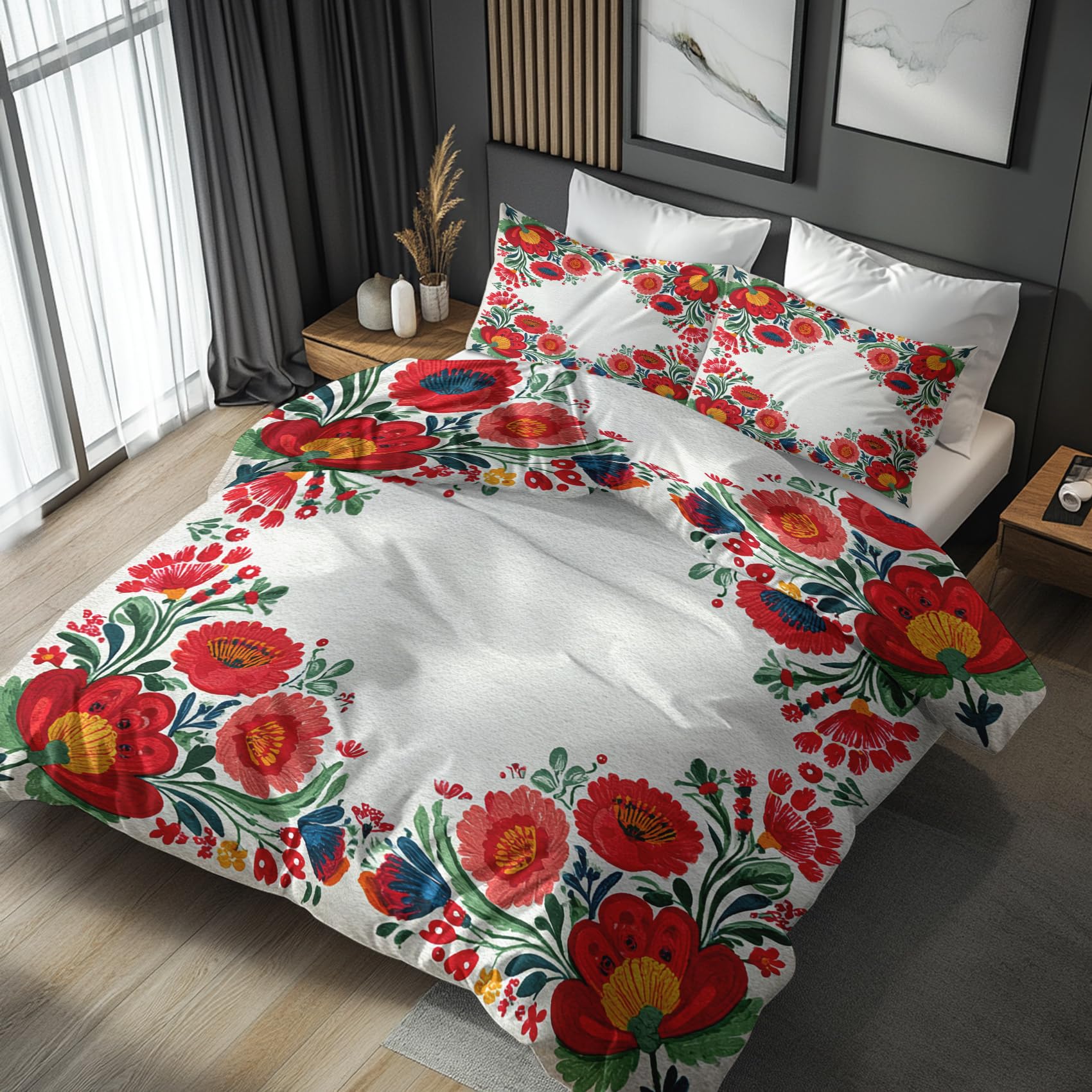 Generisch Blumen Rot Bettwäsche 135x200 2er Set Deckenbezug, Geschenk | Landhausstil Floral Muster, Bettbezug Set, Bügelfreie, Reißverschluss, Kissenbezug, Wendebettwäsche Blumen Rot Deko