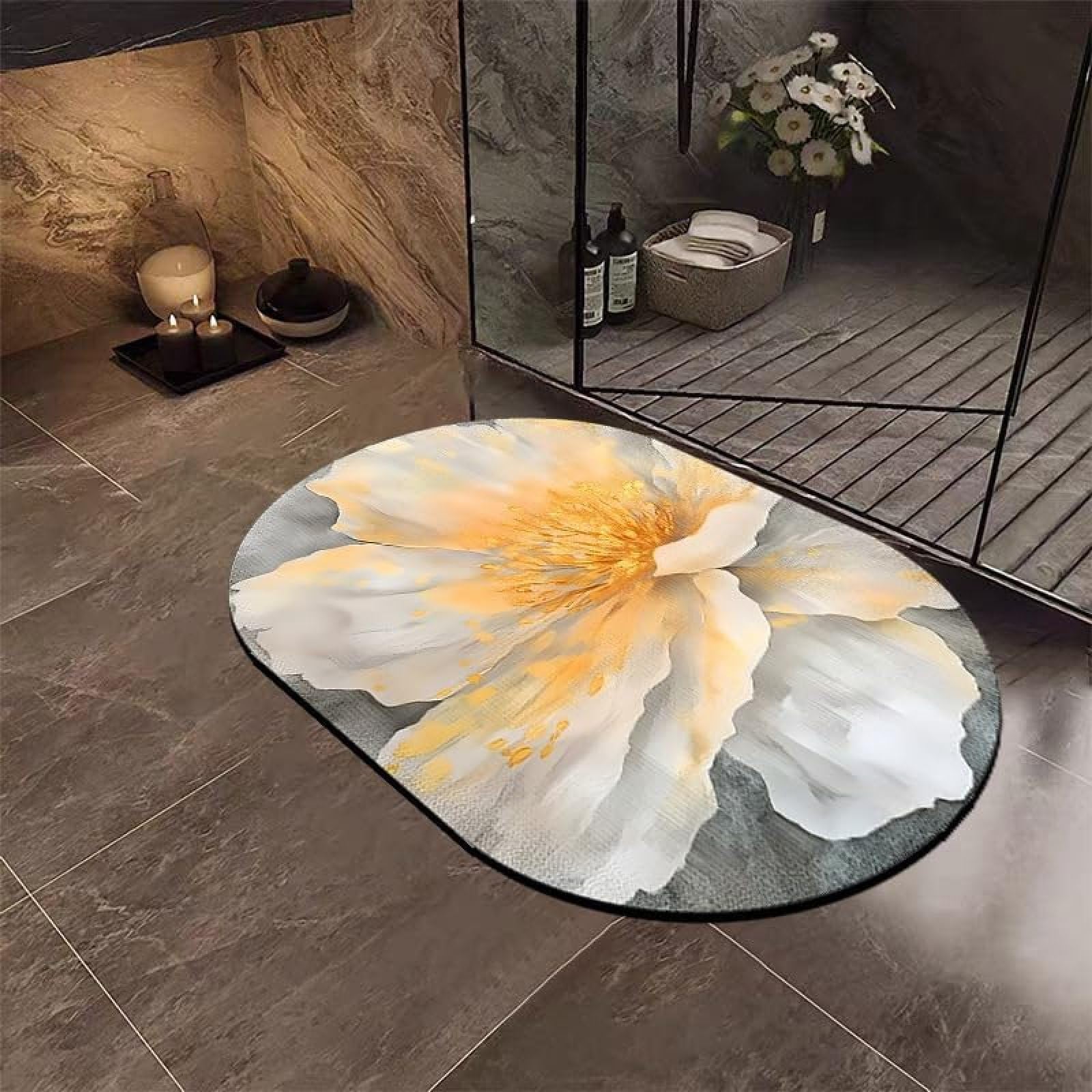Tapis de bain diatomite fleurs jaunes 60x90cm rigide et absorbant