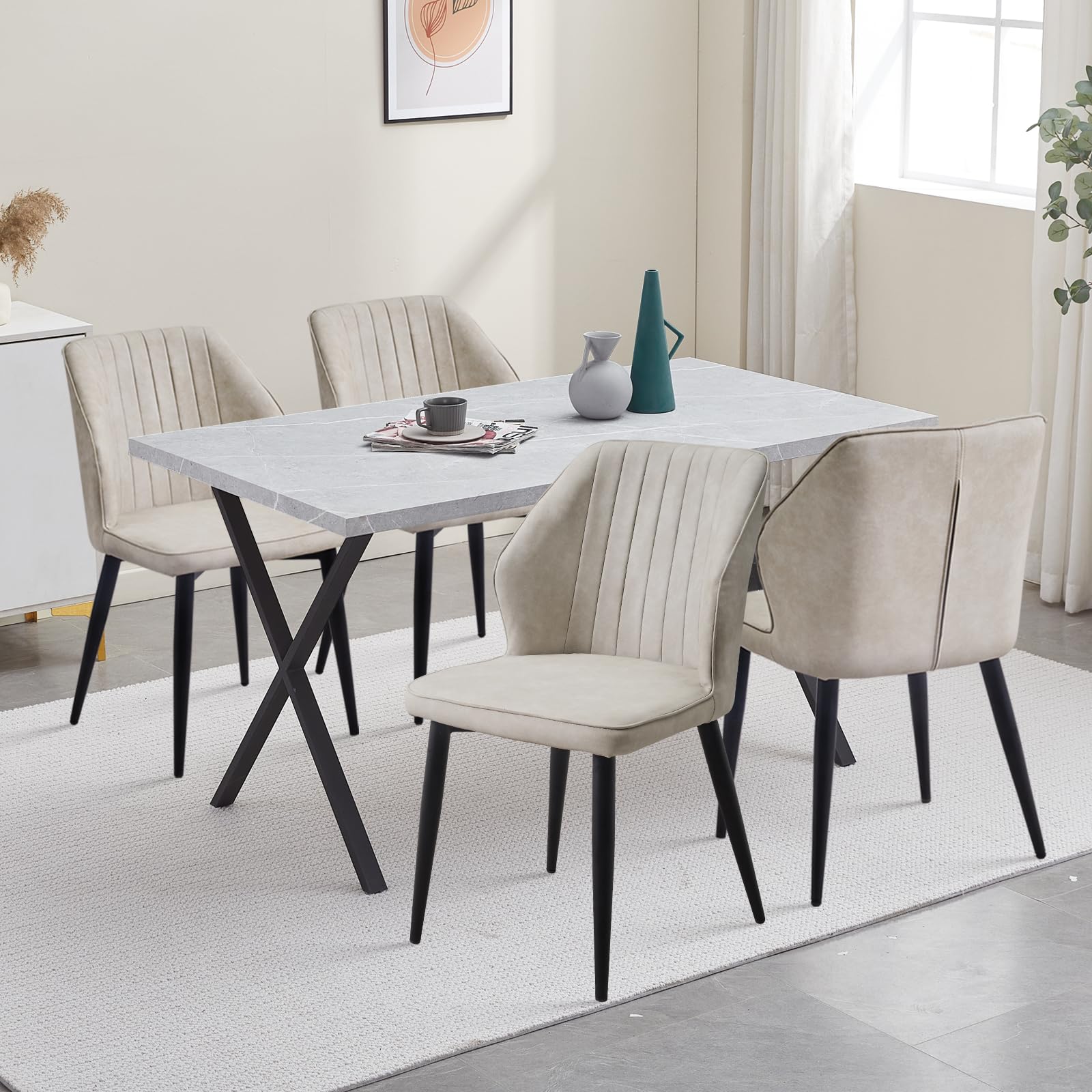 CLIPOP Dining Table and Chairs Set 4, 140cm Marble Rectangle Kitchen Dinner Table with Beige Faux Leather Dining Chairs Metal Legs for Living Room Dining Room Restaurant