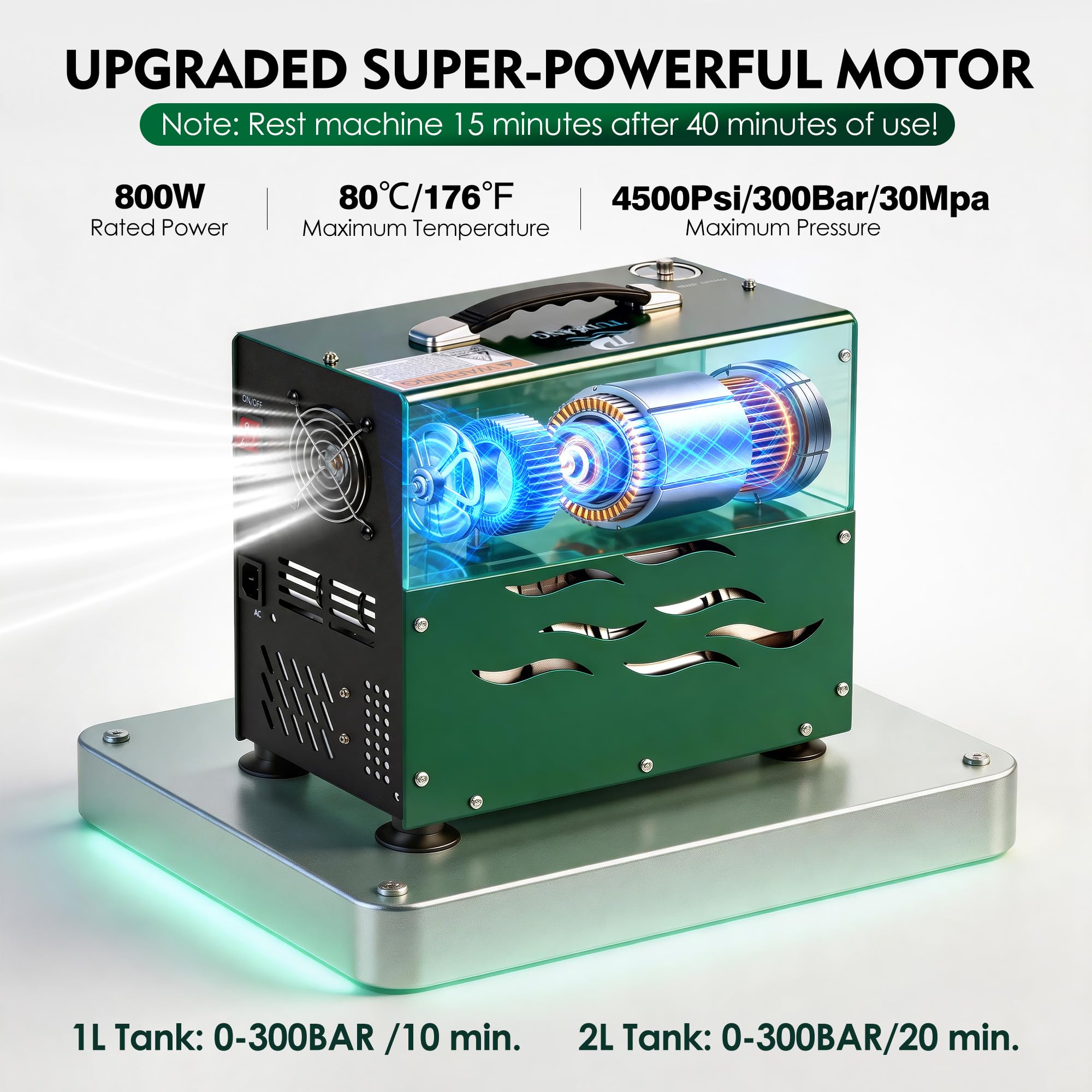 TUDIVING Compresor de buceo de 4500 psi, accionamiento de doble cilindro de 800 W, parada automática, inflado rápido, ventilador integrado, compresor para paintball, rifle de aire, tanque de buceo