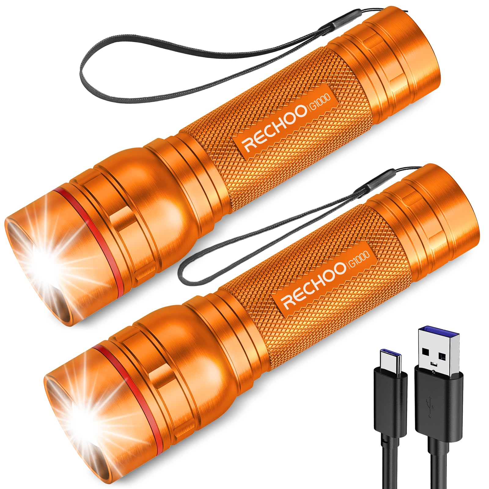 Rechargeable Flashlights High Lumens, G1000 Super Bright Flash Light 2 Pack, Small Zoomable LED Flashlight with 3 Lighting Modes, Portable Flashlight