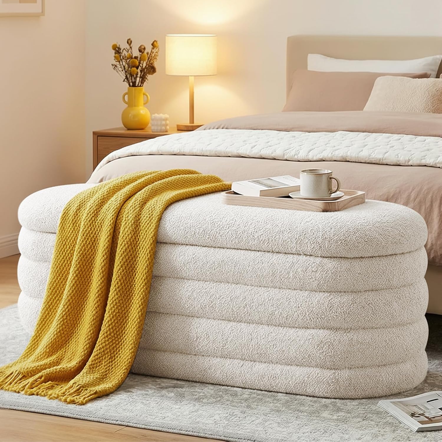 Furniliving Storage Ottoman Bench, 45'' Upholstered Boucle Ottoman with Storage, Aesthetic Bedroom Bench for Living Room Entryway, Beige