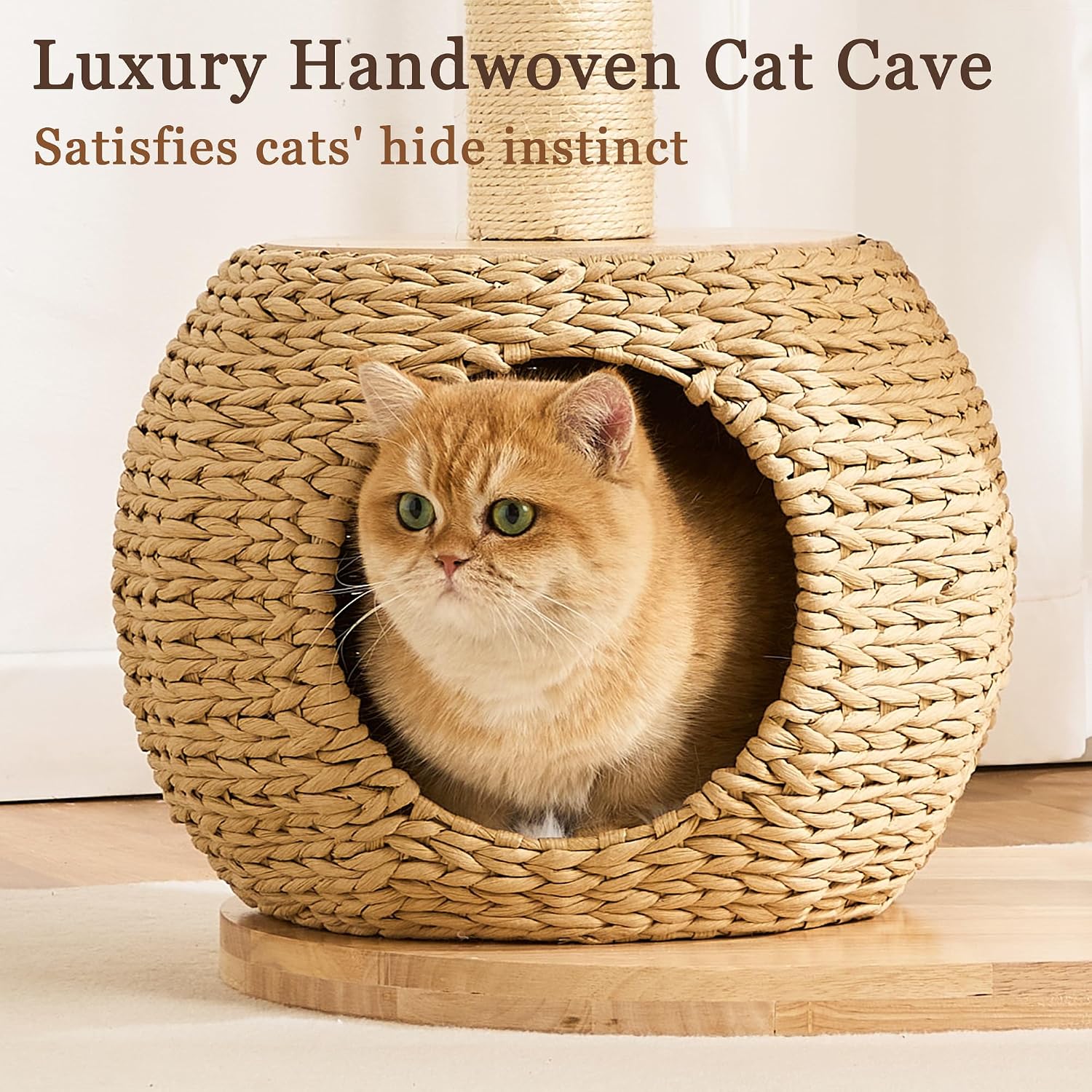 Modern Solid Wood Cat Tree Tower for Indoor Cats Large Adult, 30 inch Corner Cat Tree with Handmade Rattan Cat Bed, Luxury Aesthetic Cat Tree with Rattan Cave, Soft Plush Bed, Groomer, Scratching Post