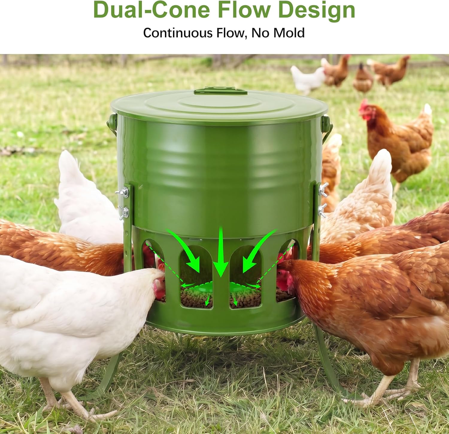 Condition photo showing New/Like New for tgeyd metal bucket chicken feeder, 20lb large capacity poultry feeder with 12 feeding ports & dual-cone no-waste design, adjustable height & foldable for storage, rust-proof for chickens, ducks, quail
