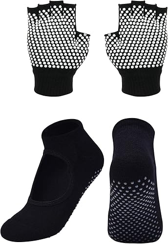Miniatura 5 de Cosmos Juego de guantes y calcetines de yoga antideslizantes para mujer, juego de calcetines y guantes de pilates para mujer, barra, ballet, bikram