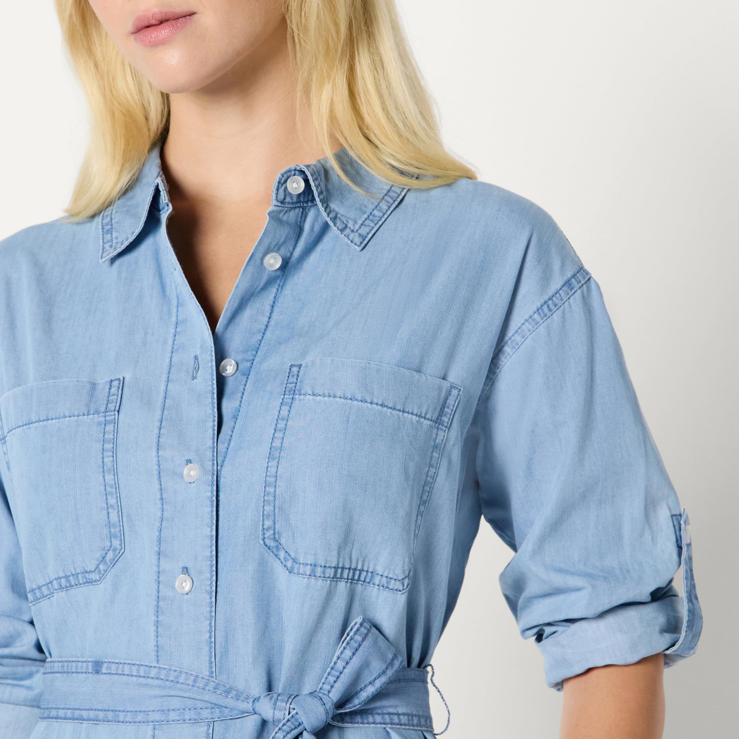 Amazon Essentials Vestido de Manga Larga de Cambray Vaquero de Corte Recto Mujer