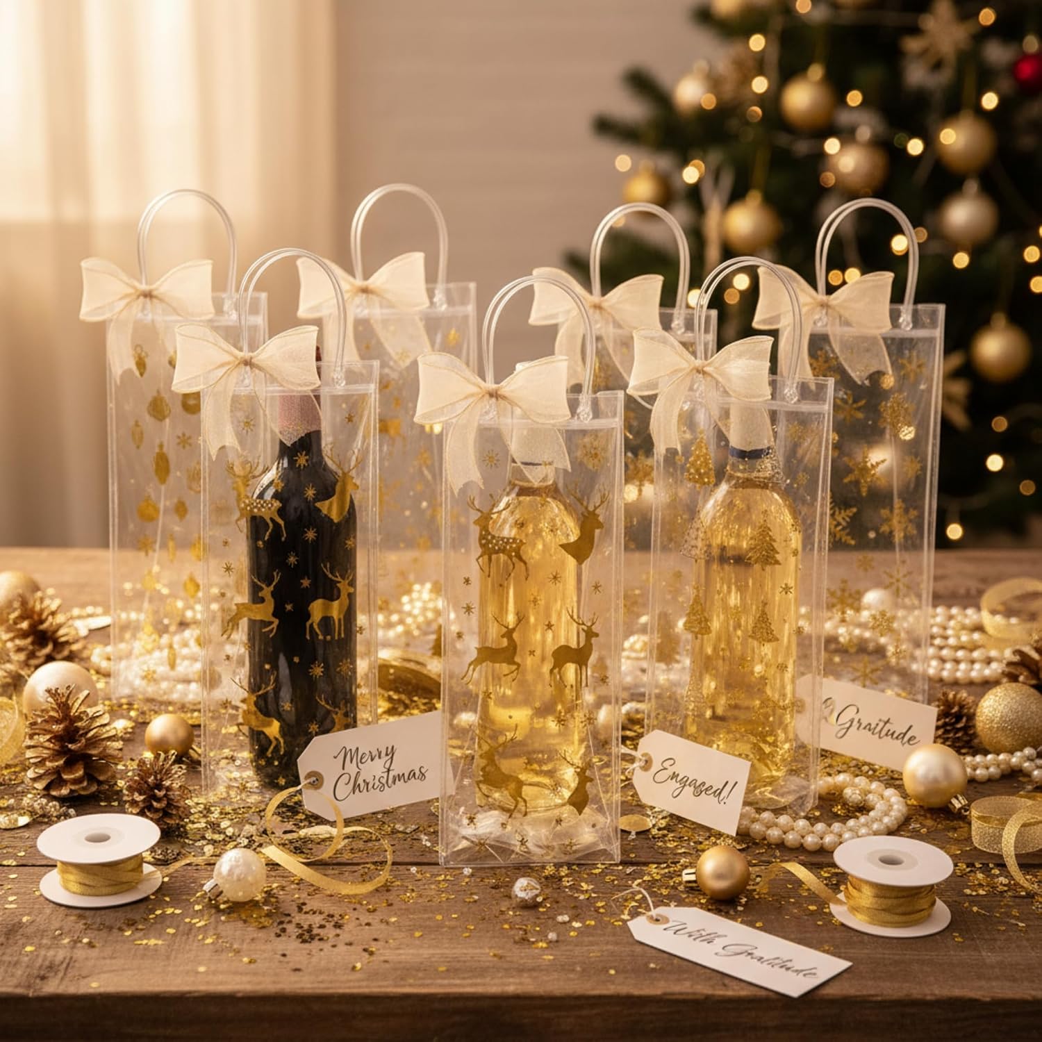 Henoyso 24 Pcs Gold Foil Christmas Wine Gift Bags Bulk Holiday Wine Bottle Covers, Christmas Clear Gift Bags with Handles and Bow Ribbon for Xmas Wedding Engagements Party, 13 x 5 x 4 Inches