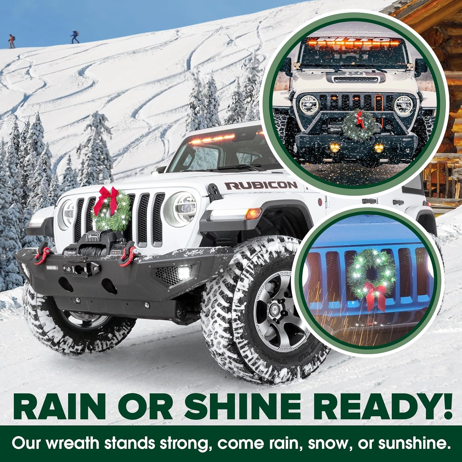 TACTIK Christmas Car Decoration - Car Christmas Wreath - 2025 Light-Up Christmas Wreath for Vehicle Grill - Fits Jeeps Trucks SUVs RVs Golf Carts and More - 12-Volt Plug-in Wreath Lighting