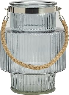 Elements Textured Glass Lantern with Rope Handle, Use with one Real or Flameless Candle, Entryway, Living Room, Bedroom, Dining Room, Office, 7.5 x 7.5 x 10 Inch, Blue
