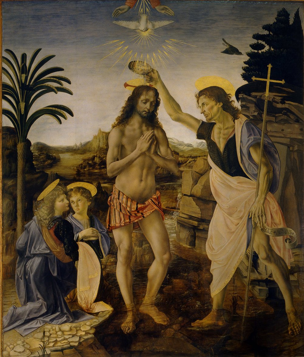 Cuadro El Bautismo de Cristo de Da Vinci, lámina mate pequeña con marco marrón