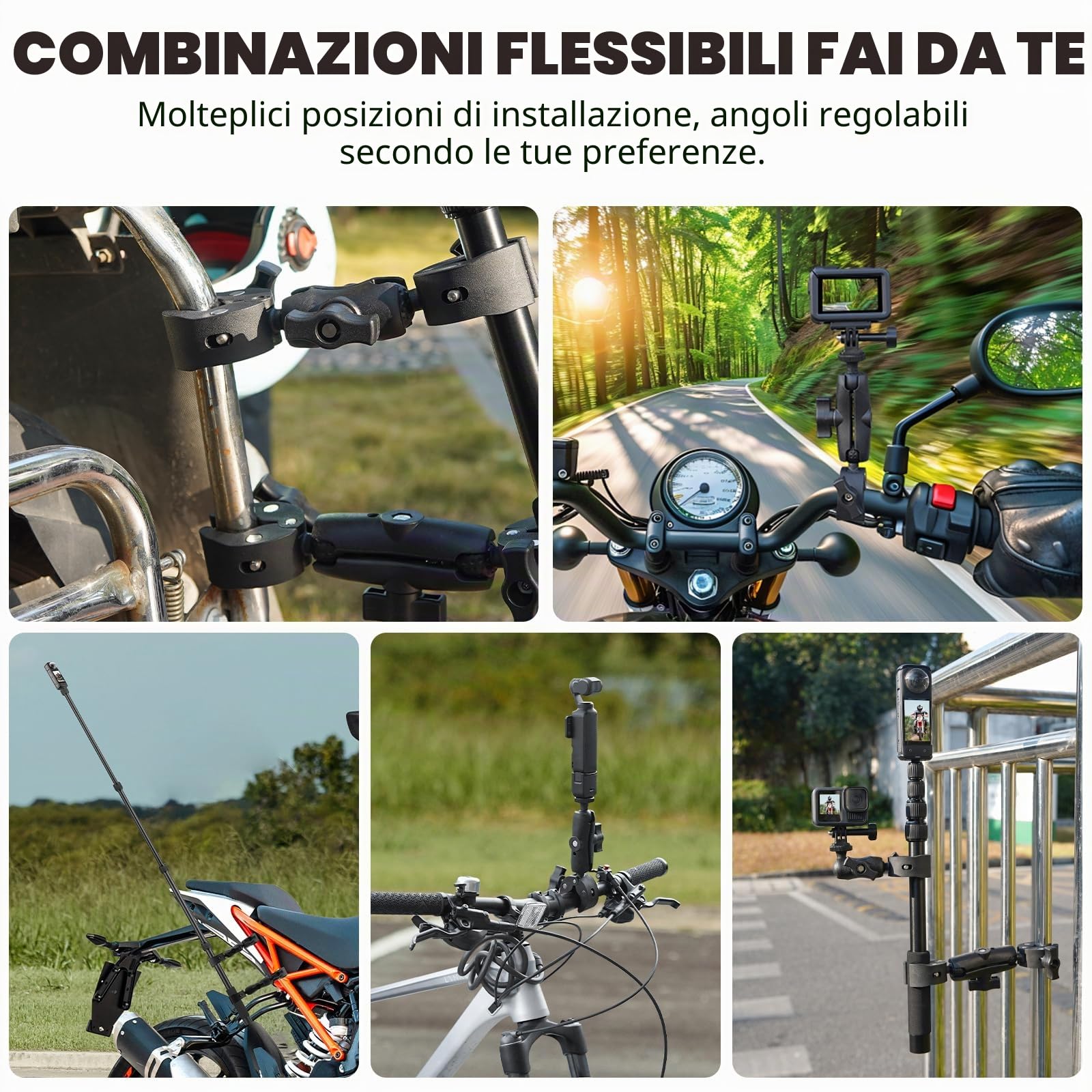 BRDRC Supporto per moto per Insta 360 X4 X5, supporto di serraggio per manubrio di bicicletta, kit di bastone per selfie invisibile da 150 cm per Insta360 X5 X4 X3 X2 X One, per DJI OSMO 360, per