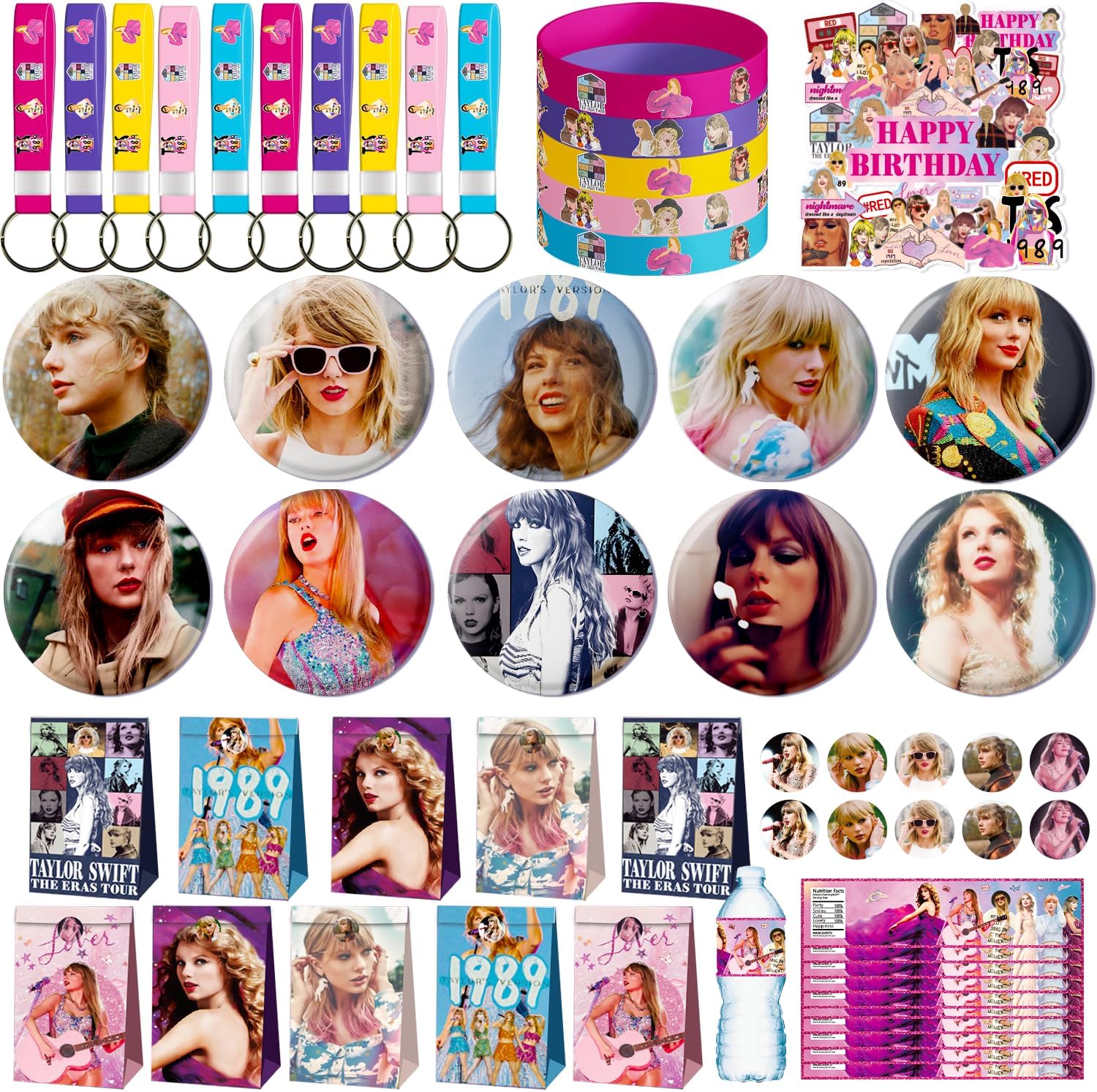 YOULEY 100PCs Singer Party Favors, Pop Female Singer Birthday Decorations Include 10 Bracelet,10 Keychains, 10 Button Pins, 10 Goodie Bags, 10 Water Bottle Labels and 50 Singer Stickers
