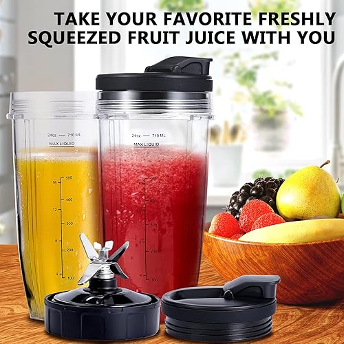 Miniatura 3 de 8 piezas de repuesto para licuadora compatibles con Nutri Ninja, hoja extractora de 7 aletas, 2 vasos de 24 onzas con tapas para llevar, 3 juntas de