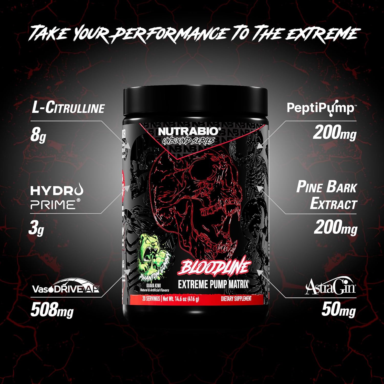 NutraBio Bloodline-Pump Pre Workout Pump Matrix- L-Citrulline, Glycerol, PeptiPump- NO Booster, Extreme Vascularity & Blood Flow,Hydration,Non Stim PreWorkout,Caffeine Free-Phantom Gummy-20 Servings