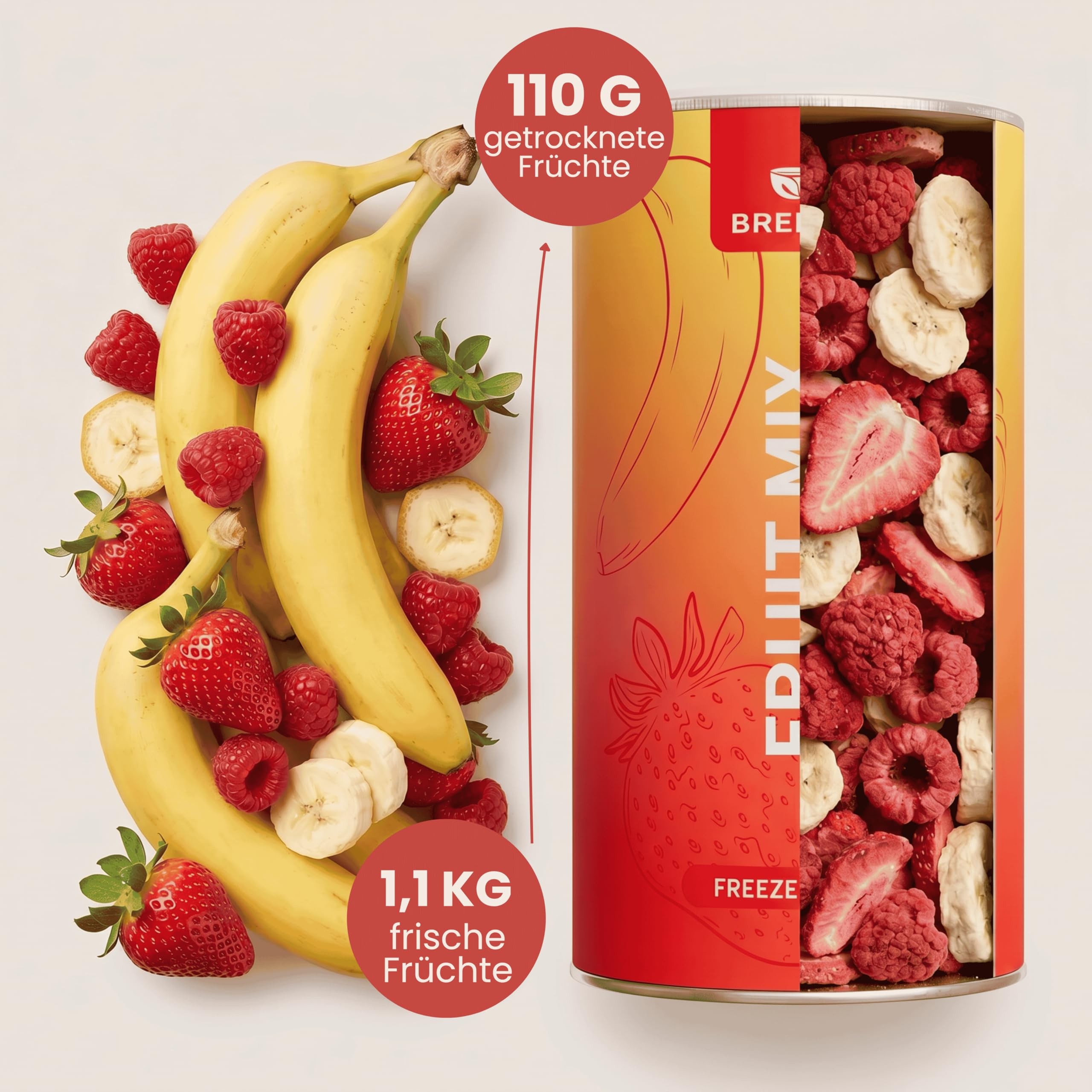 BREKKY - Gefriergetrocknete Früchte Mix - Erdbeeren, Bananen & Himbeeren - 100% natürliche Trockenfrüchte ohne Zuckerzusatz - vegan, ballaststoffreich & extra knusprig