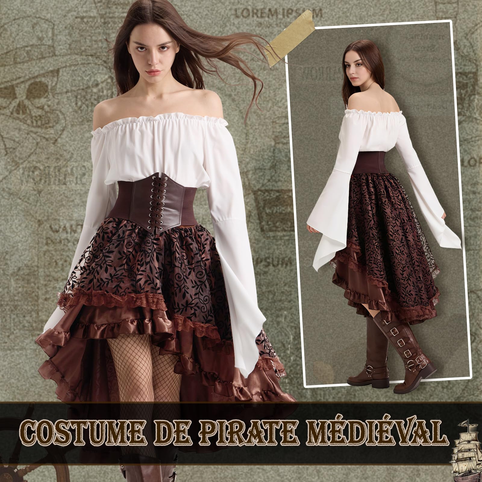 Charmofun Costume de Pirate pour Femme, Robe Medievale Femme avec Blouse à Épaules Dénudées et Corset de Pirate, Rétro Renaissance Victorienne Deguisement pour Carnaval Halloween Cosplay (Brun, S)