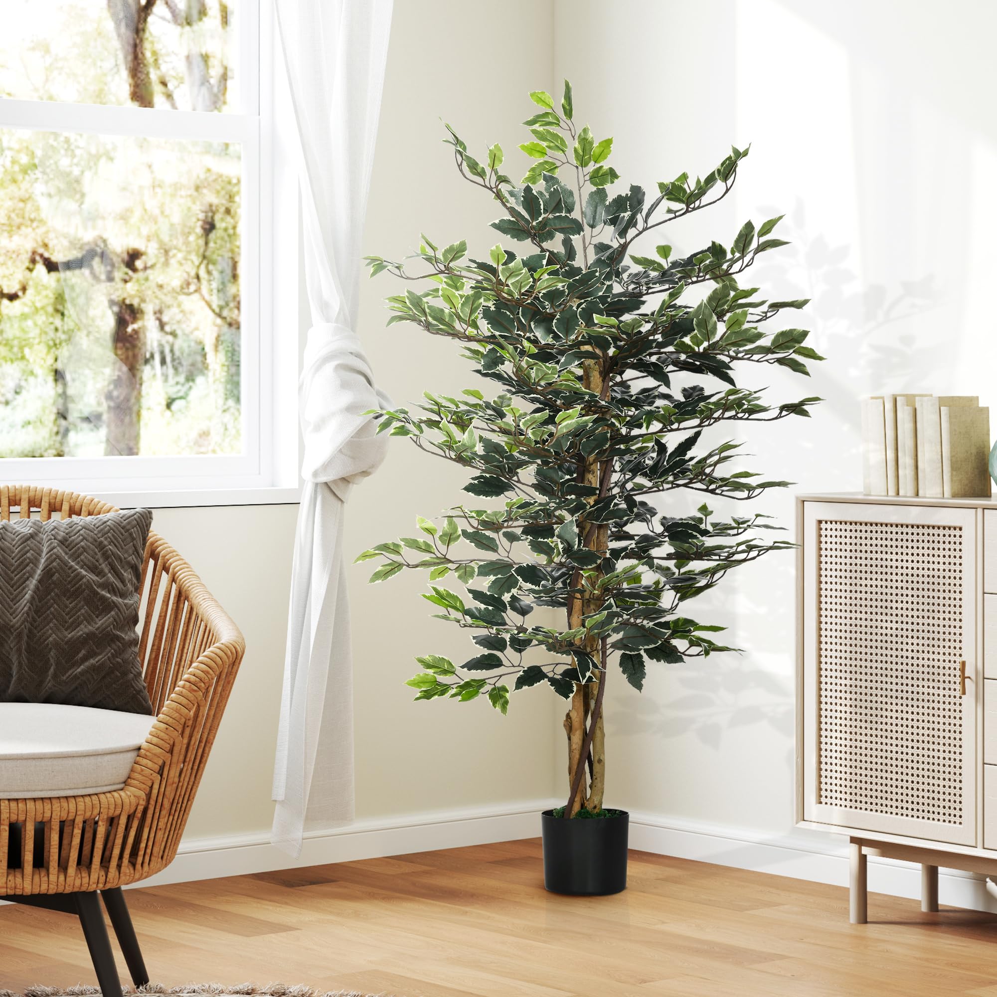 HOMCOM Pianta Artificiale di Fico Finta 130 cm 702 Foglie Verde/Bianco | 3 Tronchi, Vaso Ø15x12.5 cm, Interno, Ufficio, Soggiorno, Camera da Letto