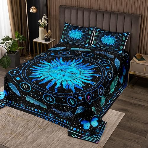 Erosebridal Juego de edredón King con diseño de sol y luna, constelaciones, astrología, fase lunar, juego de ropa de cama con hojas botánicas