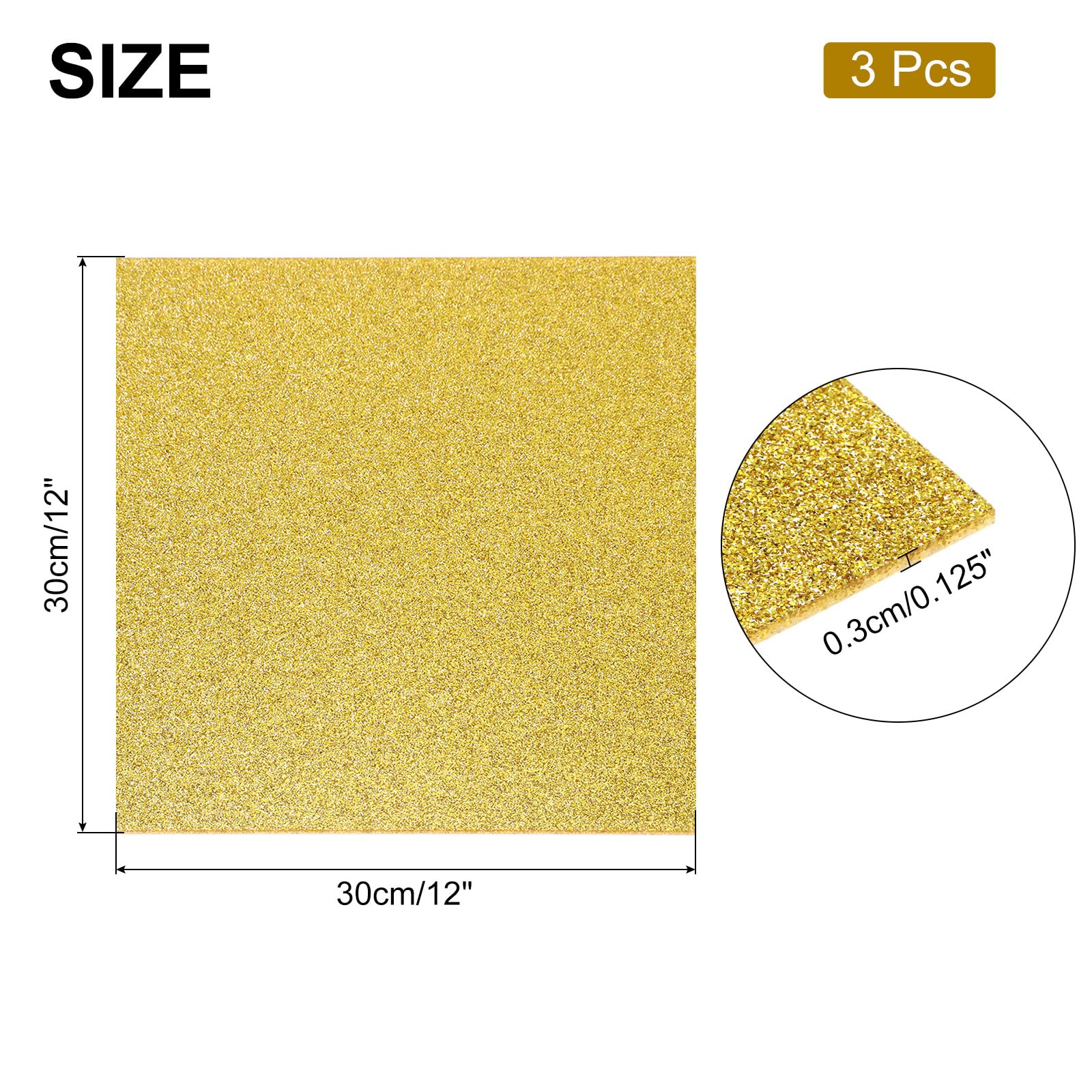 QUARKZMAN 3Pcs Feuilles d'Acrylique Pailletées Or 1/8" Épaisseur 12" x 12"