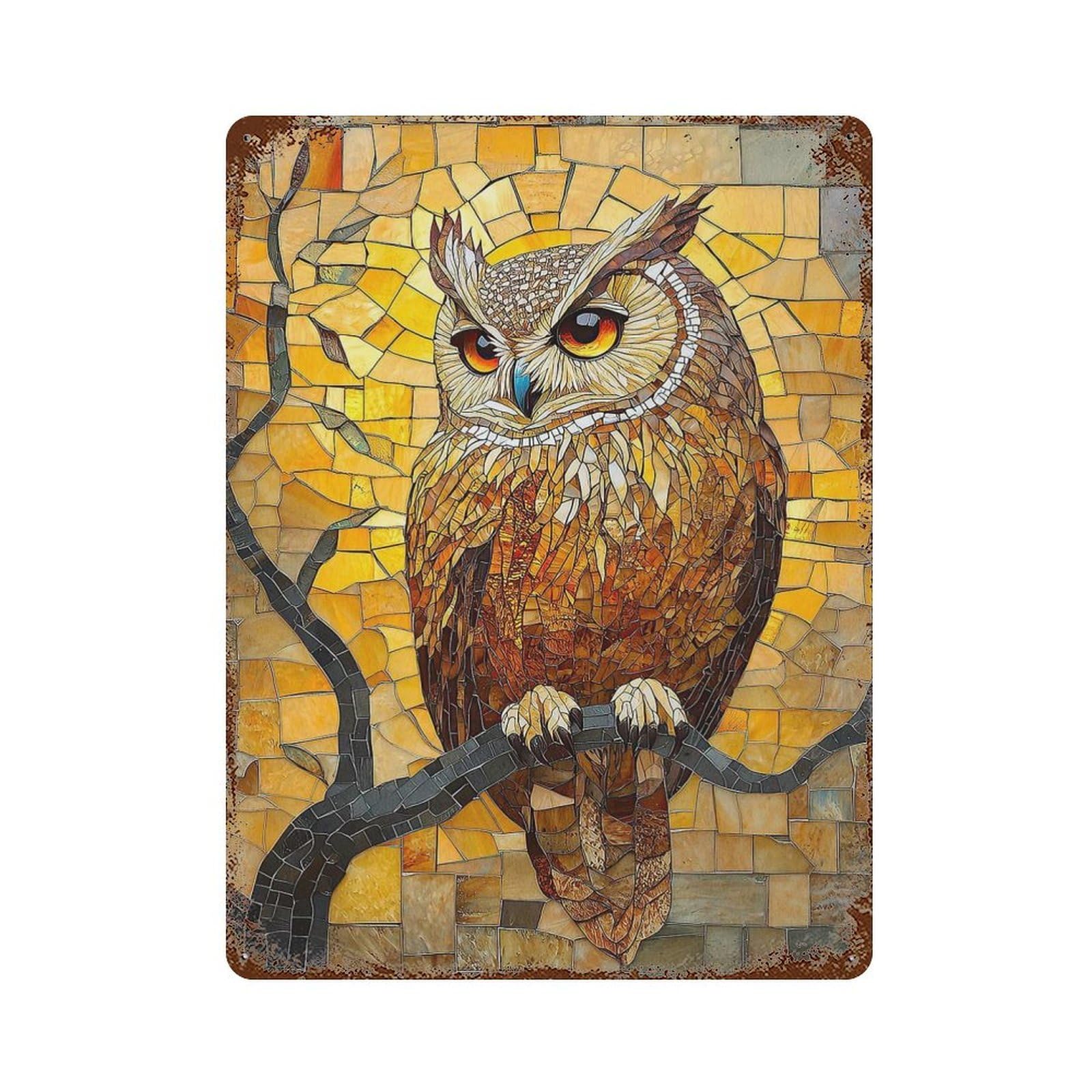 Mosaic Owl Artwork Vintage Wall Sign 15.7"x11.8", Rust Effect Metal Decor for Living Room, Hallway And Home Decor