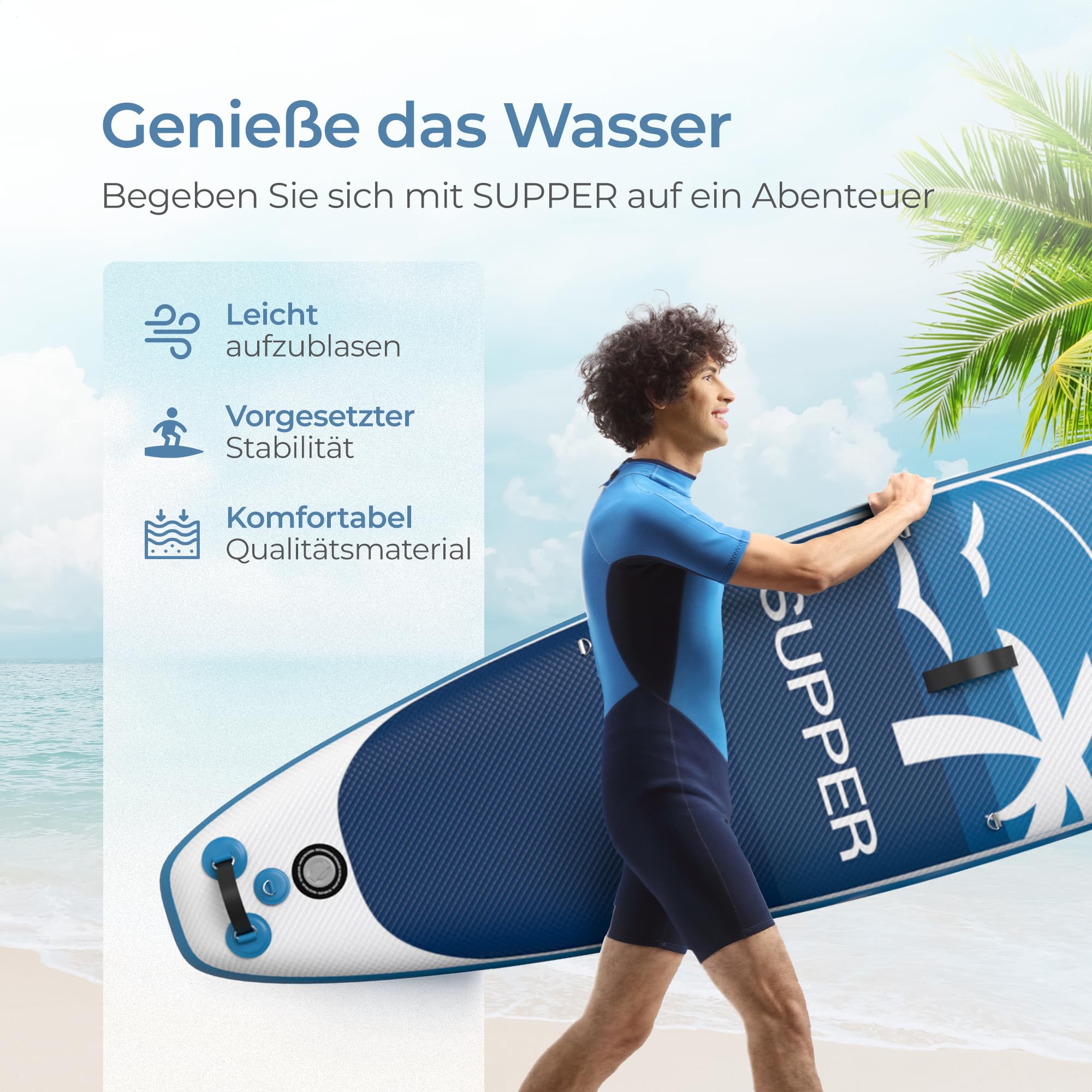 SUPPER Supper SUP Board XL – Max. 220 kg – Aufblasbar – Paddleboard – wasserdichte Handyhülle – Sitz – Pumpe – Finne – Leash – Tragetasche