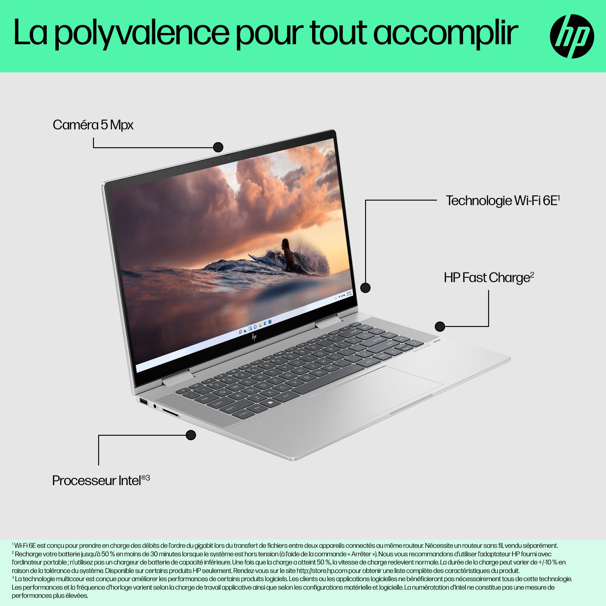 HP Envy x360 15-fe0000sf, Portable Convertible, Intel Core i7 1355U, 16 Go RAM, 512 Go SSD, Nvidia RTX 3050 4 Go, Écran 15.6" FHD OLED, Windows 11, Ordinateur Portable, Clavier AZERTY, Argent