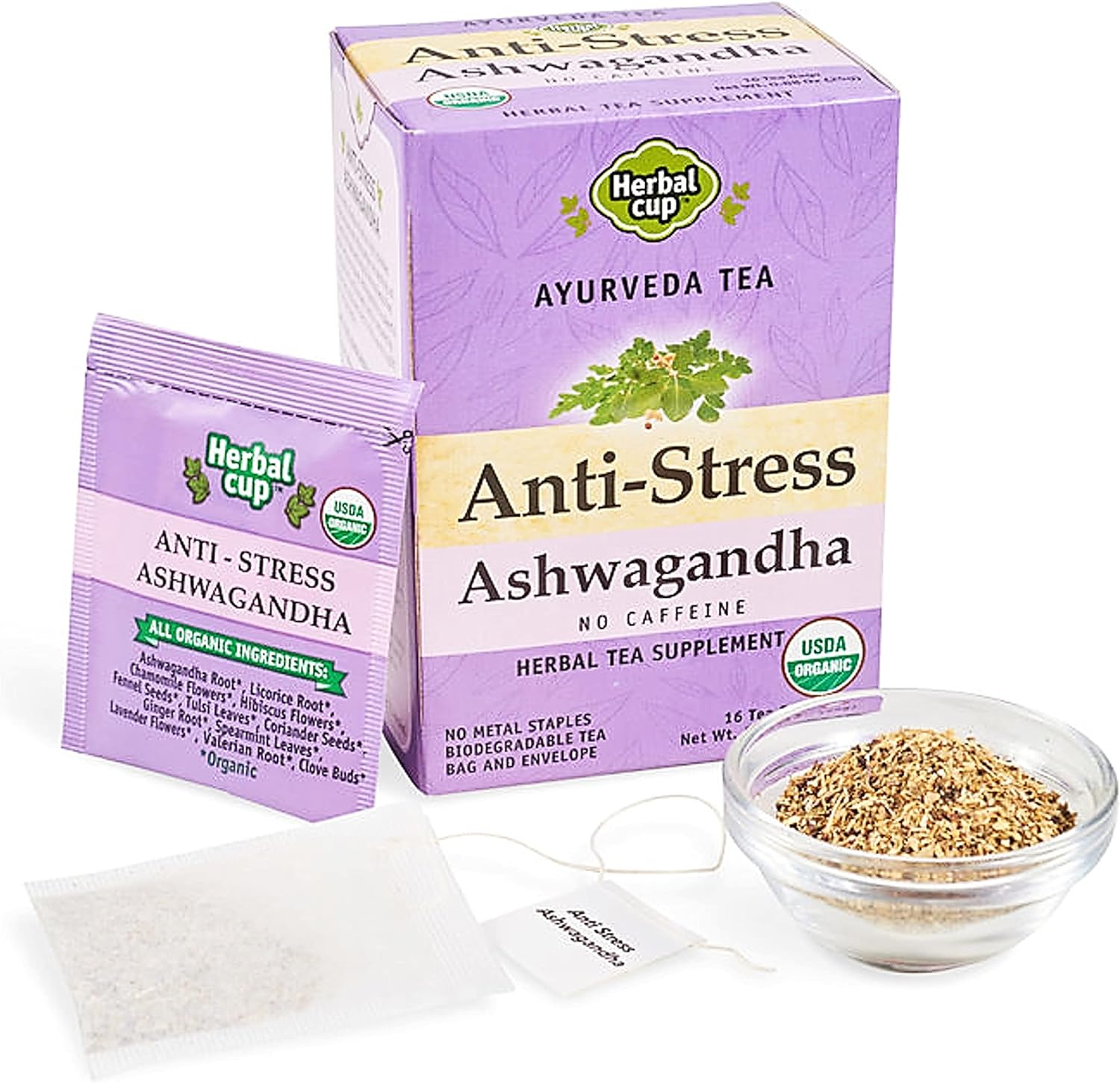 Herbal Cup Ayurveda Ashwagandha Tea, Organic Anti-Stress, No Caffeine Herbal Supplement (16 Count, Pack of 6)