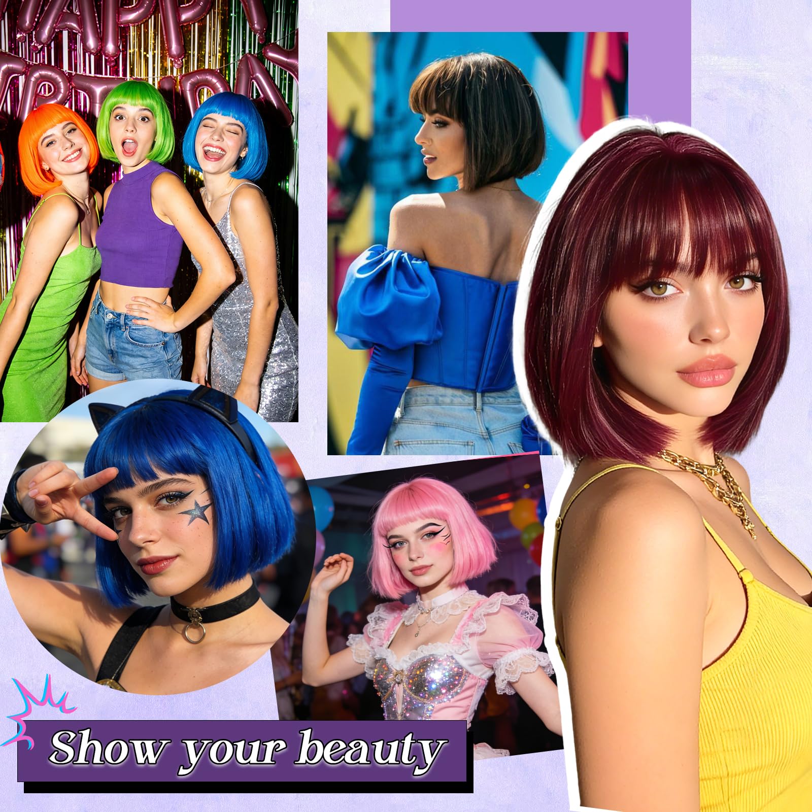 FESHFEN Rose Ombré Bob Perruque avec Franges, 30 cm Droites Courte Coloré Perruques de Cheveux Synthétiques Cosplay Utilisation Quotidienne De La Fête pour Femmes Carnaval Straight Bob Wig With Frange