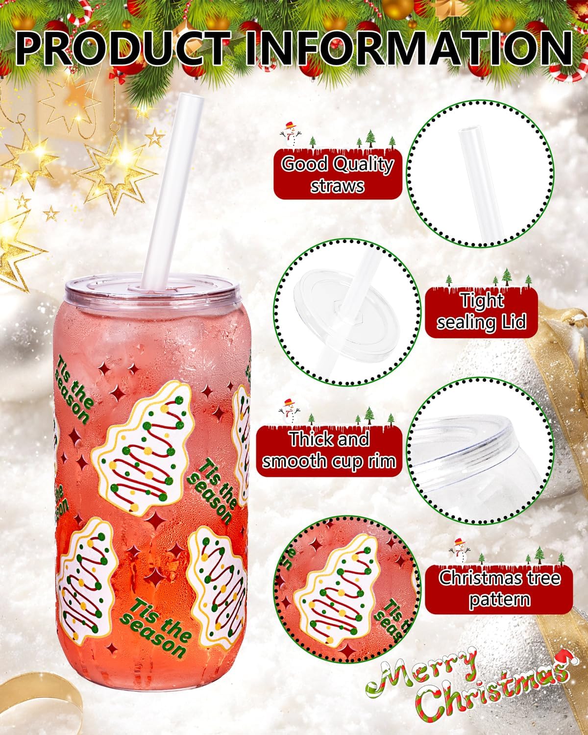 Ciaell 16 Pack Christmas Tree Plastic Cups - 16oz Can Shaped Drinking Glasses with 32PCS Lids and 16PCS Straws for Coffee Cocktail Soda Boba Beer Smoothie Christmas Party Gift - Image 6