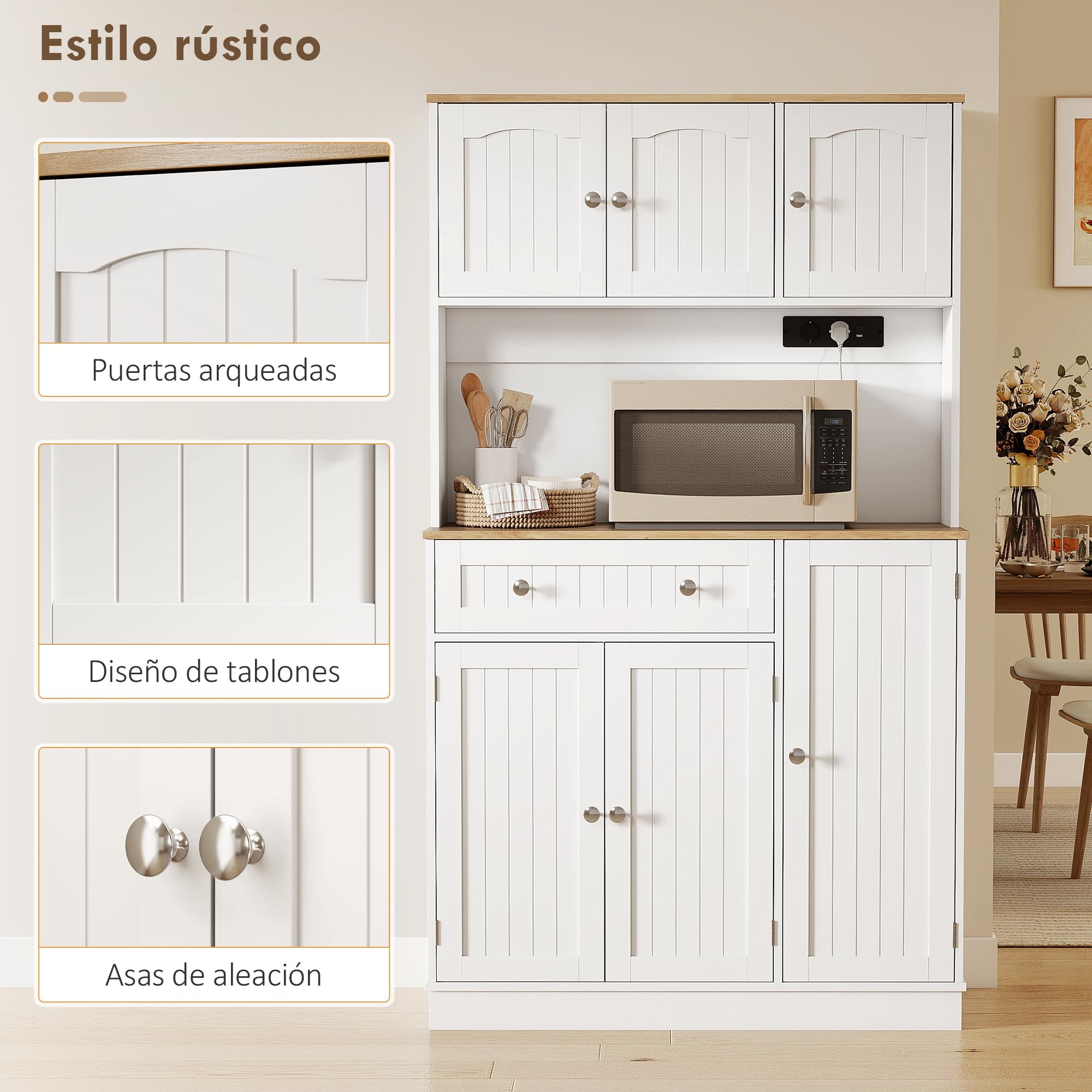 HOMCOM Alacena de Cocina Alta con Estación de Carga 100x40x173 cm Blanco | Mueble Auxiliar de Cocina, 6 Puertas, Cajón, Estantes Ajustables, 4 Estantes para Especias, Encimera Amplio