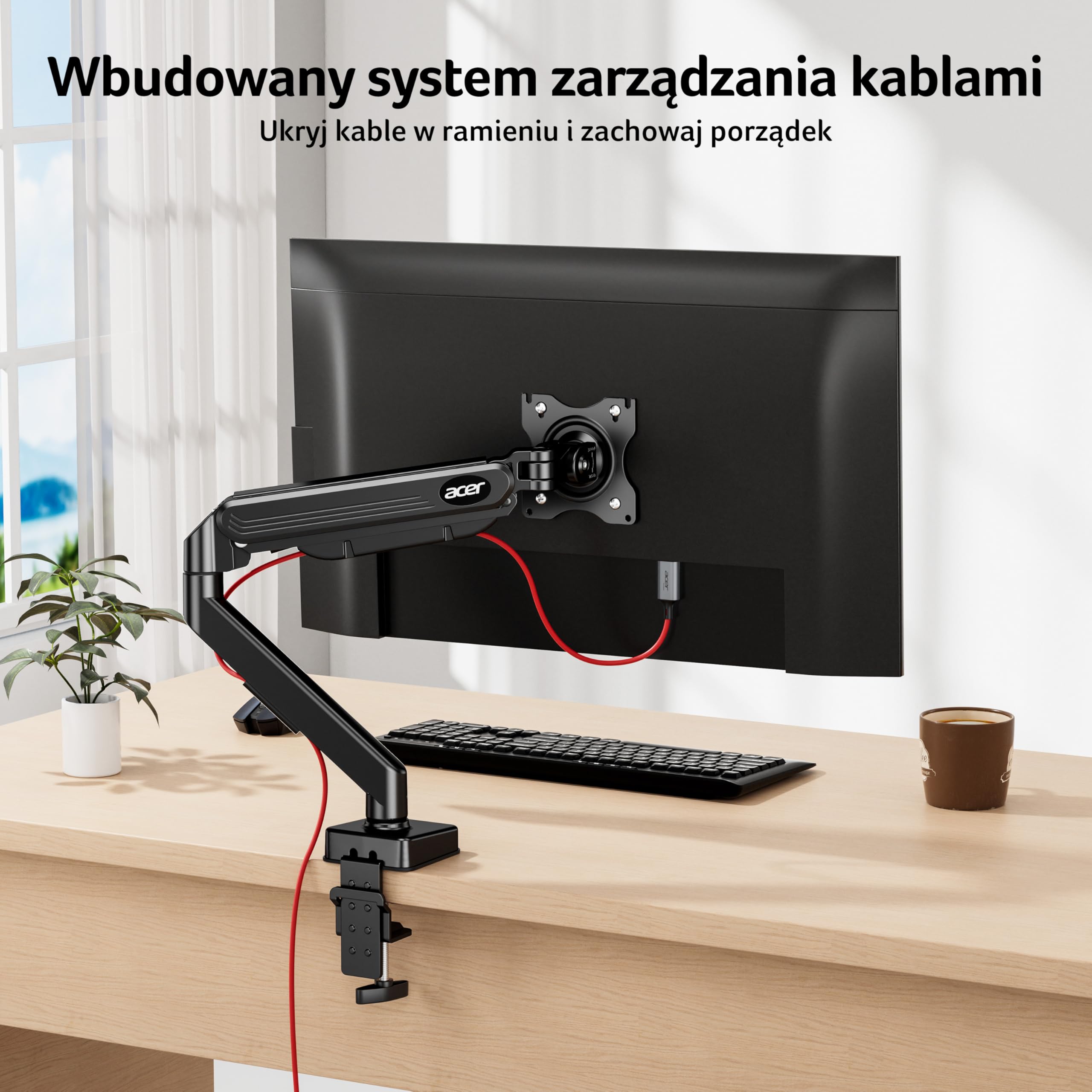 Acer Uchwyt pojedynczy monitor do 17-34 cali, Sprężyna gazowa Ramię | Obciążenie 2-9kg, Stojak regulacją wysokości z Pochylenie Obrót Obracania, VESA 75/100mm, Podstawa zaciskiem C/przelotką