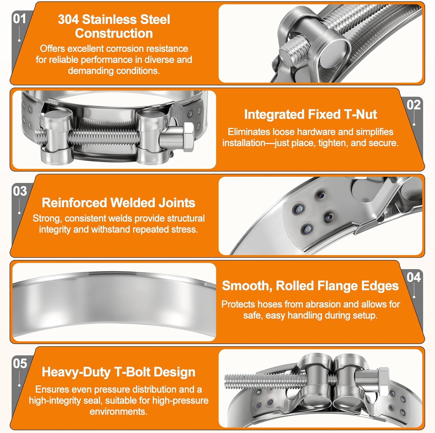 2 Pack 304 Stainless Steel T-Bolt Hose Clamps, Working Range 5.5" to 5.8"(140-148mm) Heavy Duty Turbo Intake Clamps, Metal Fuel Line Clamping for Turbo Tubes, Intercooler, Radiator