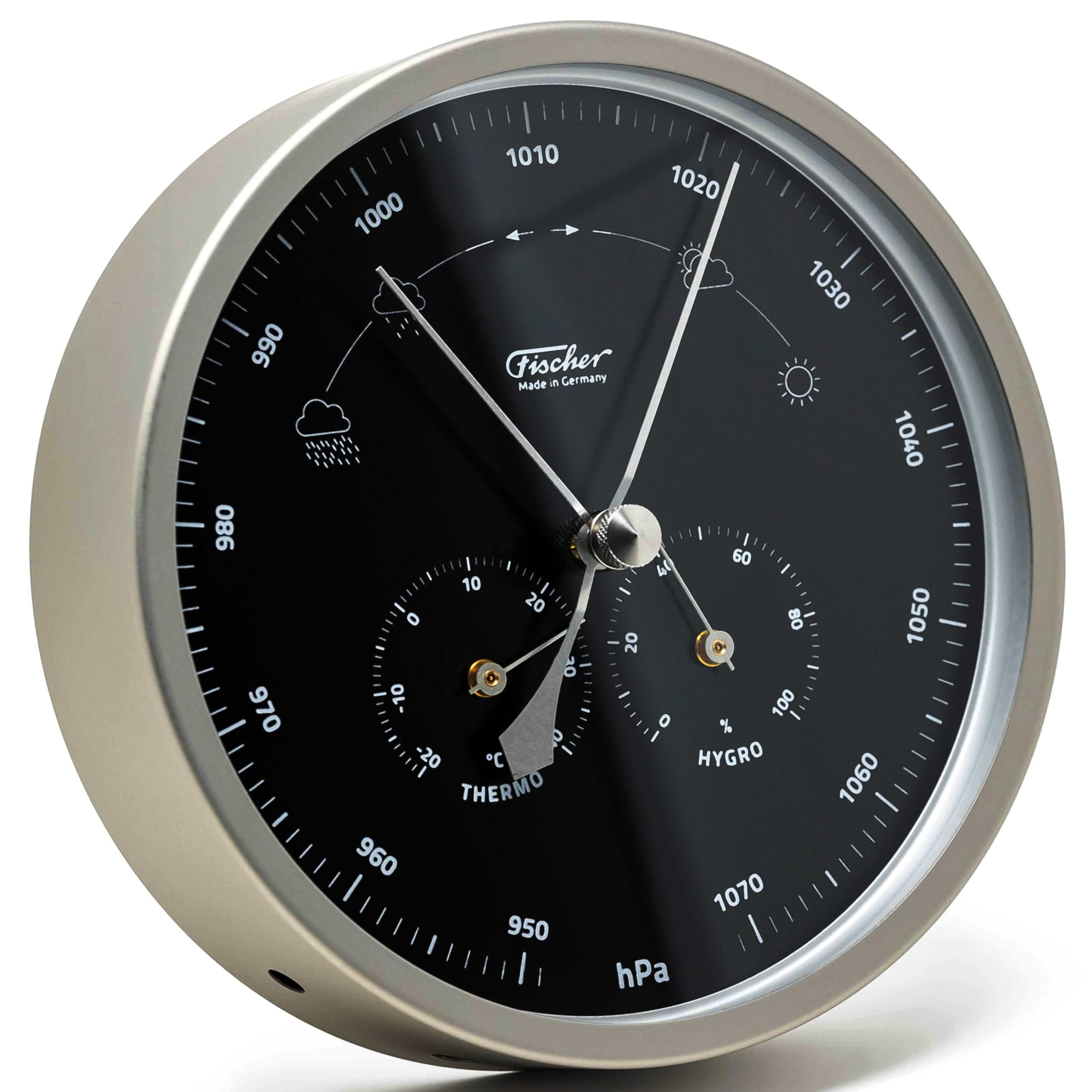 Fischer 1602-01.06 Außen-Wetterstation, Glas, Edelstahl, Polymeter | Thermometer, Barometer, Hygrometer, schwarzes Ziffernblatt, Messbereich 20-100 % r. F., 160mm Durchmesser, Made in Germany