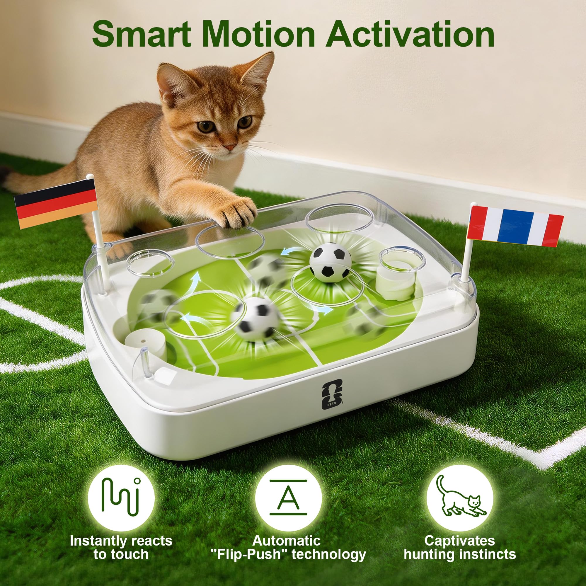 Offizielle FIFA WM 2026 Edition - Interaktives Katzenspielzeug mit Fußballfeld-Design, automatisches Katzenspielzeug mit bewegungsaktivierten Flip-Push-Bällen, anpassbare Team-Aufkleber, perfekt für