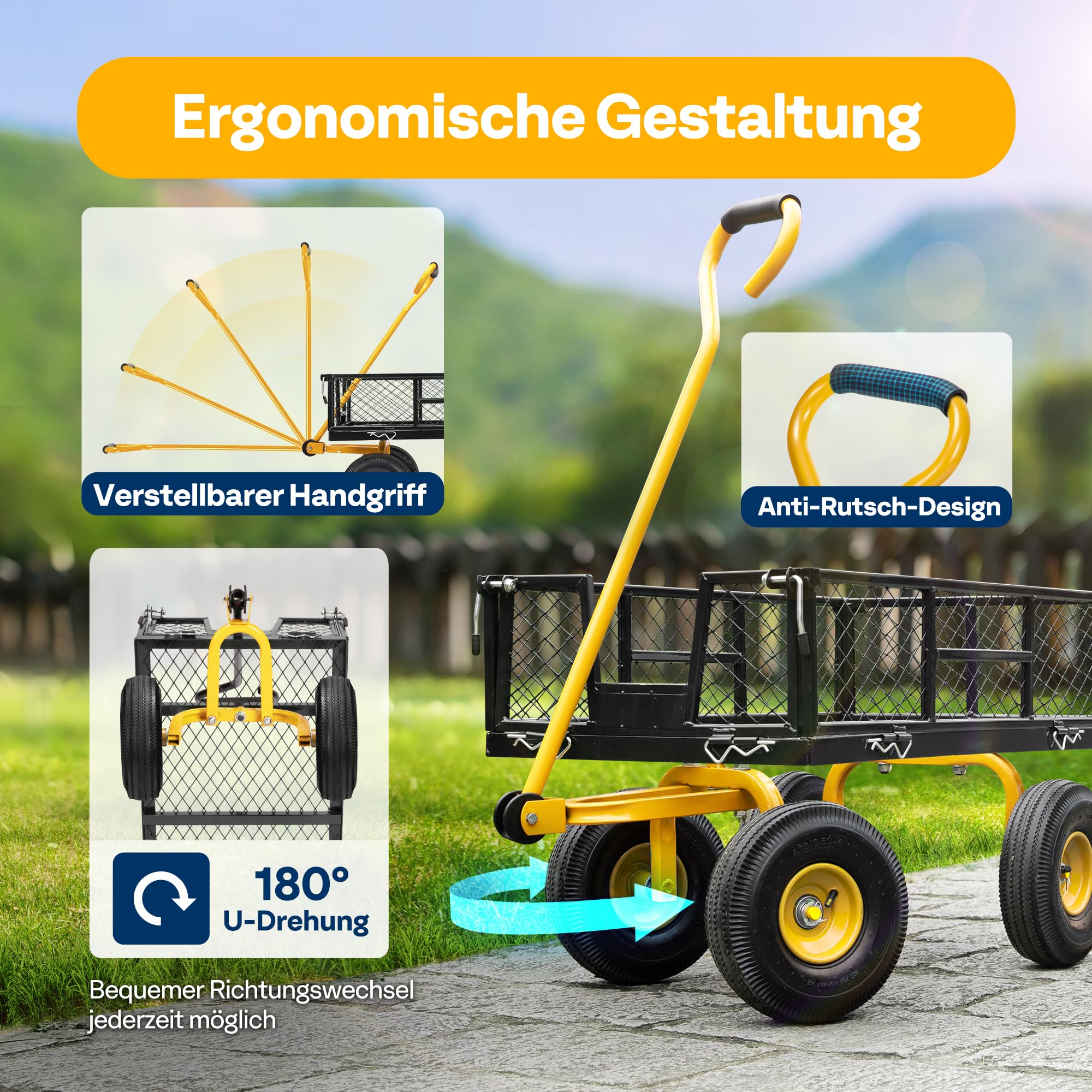 VIVOHOME Gartenwagen mit Abnehmbaren Seiten und Luftreifen, Belastbarer Transportwagen bis 400kg mit 180° Drehbarem Griff für Garten und Outdoor Einsätze