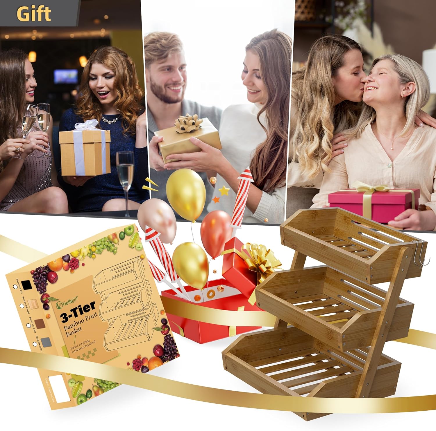 3 Tier Fruit Basket For Counter, Large Capacity Fruit Storage Countertop, Fruit Holder, Wooden Pantry Organizers and Storage, Kitchen Countertop Organizer With 2 Banana Hangers (Walnut)