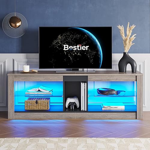 Miniatura 18 de Bestier soporte RGB para televisión de más de 65 pulgadas, centro de entretenimiento para videojuegos, consola LED con 2 estantes de vidrio, para