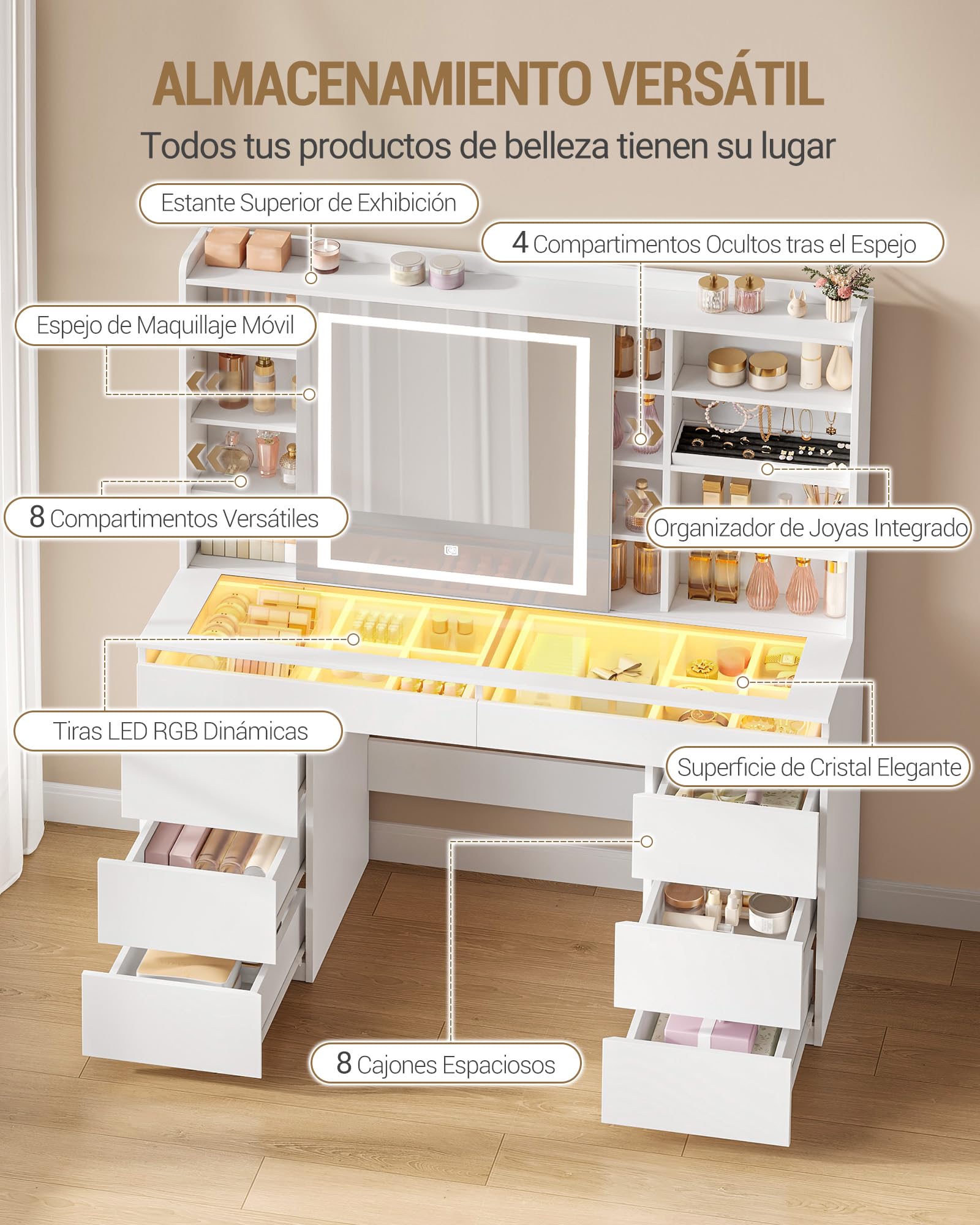 Hzuaneri 108 cm Tocador de Maquillaje, Tocador con Tablero de Cristal, Tira de Luz RGB, 8 Cajones, 9 Estantes de Almacenamiento Abiertos, Apto para Dormitorio, Blanco 1180203XEU
