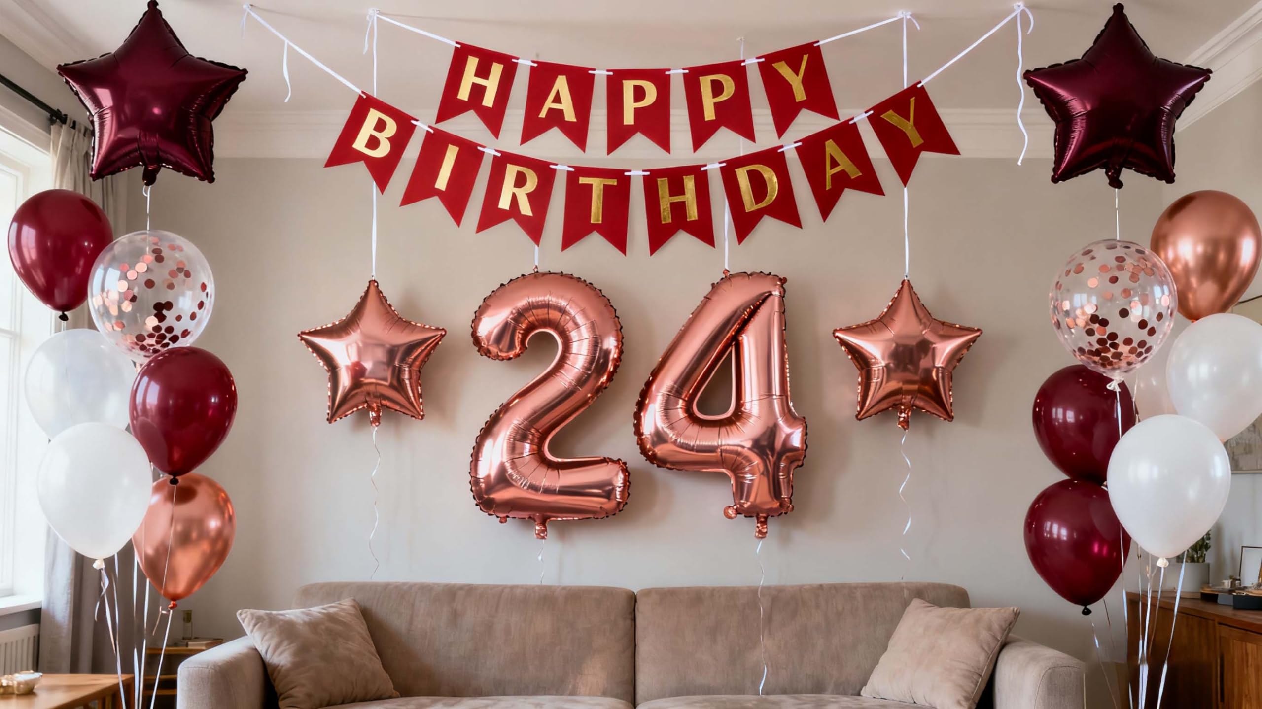 24th Birthday Party Decorations Rose Gold for Women, Birthday Banner Rose Red Number 24 Balloons Star Foil Balloons 24th Birthday Confetti Balloons
