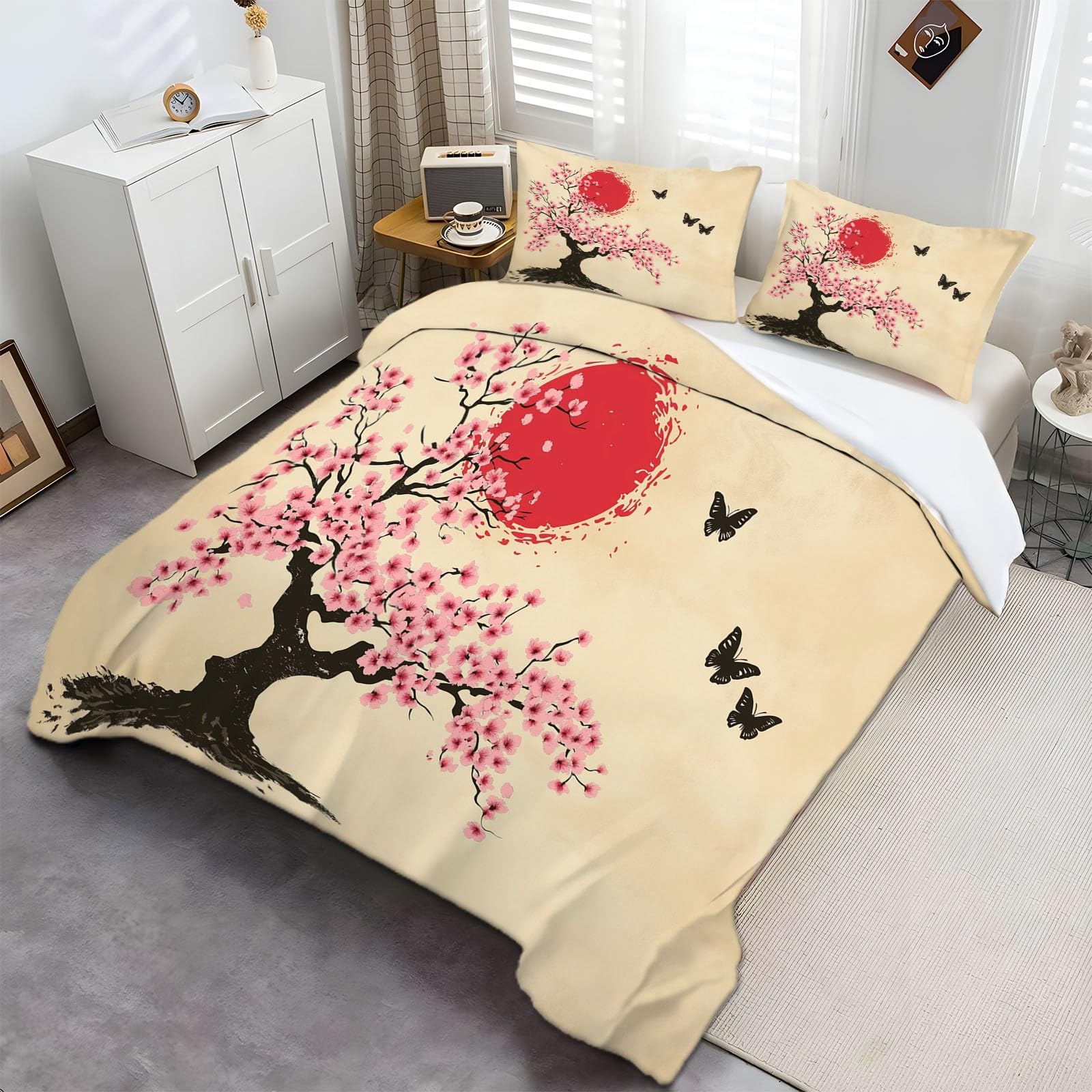 Juego de Funda de edredón para Niños y Niñas, Funda Nórdica Pintura De Tinta Tradicional De Japón,Ropa de Cama súper Suave Juego de Edredón Individual y Almohadas, Viejo Árbol Japonés (150 x 200 cm)