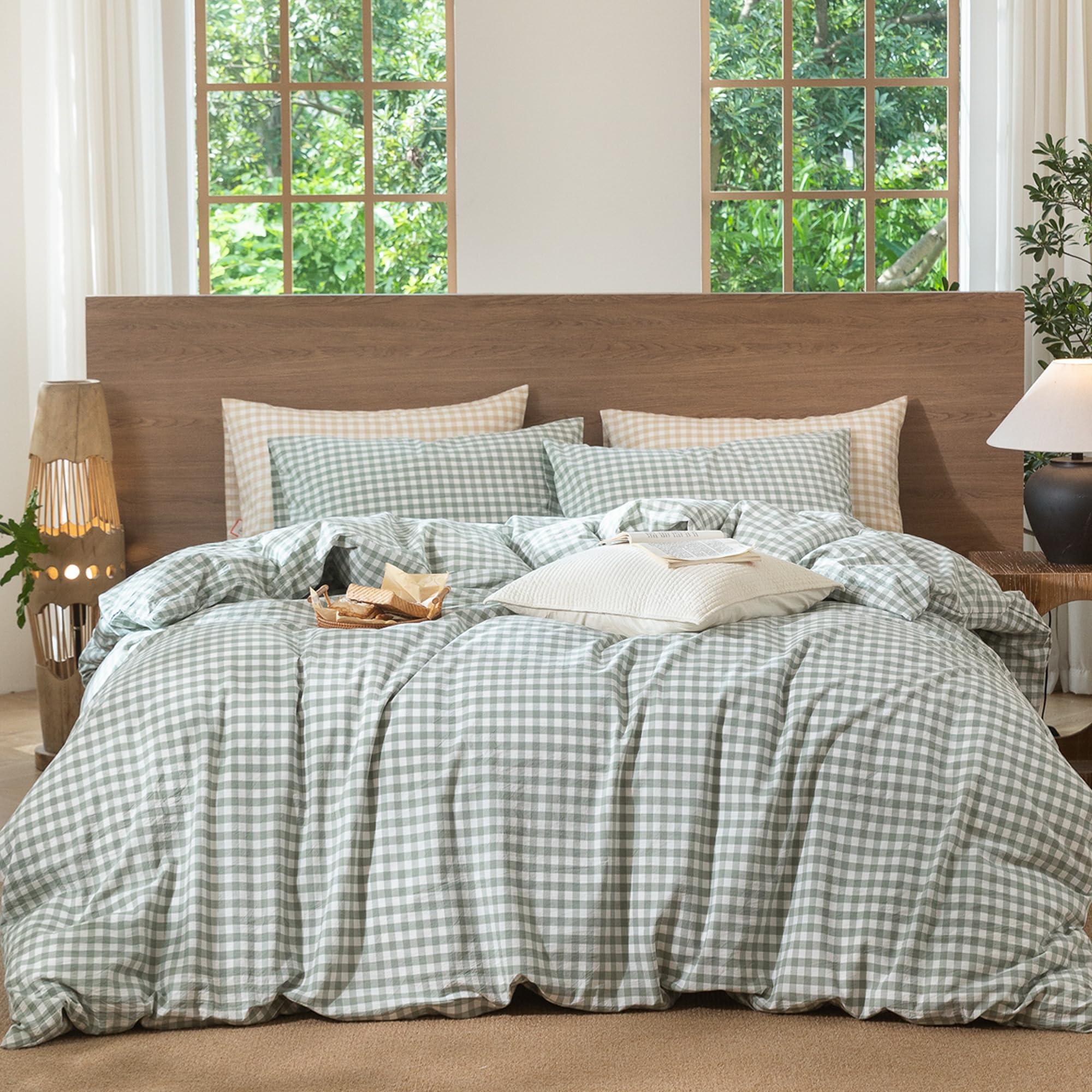 MooMee Gingham Duvet Cover Set 100% Washed Cotton Linen Like Queen