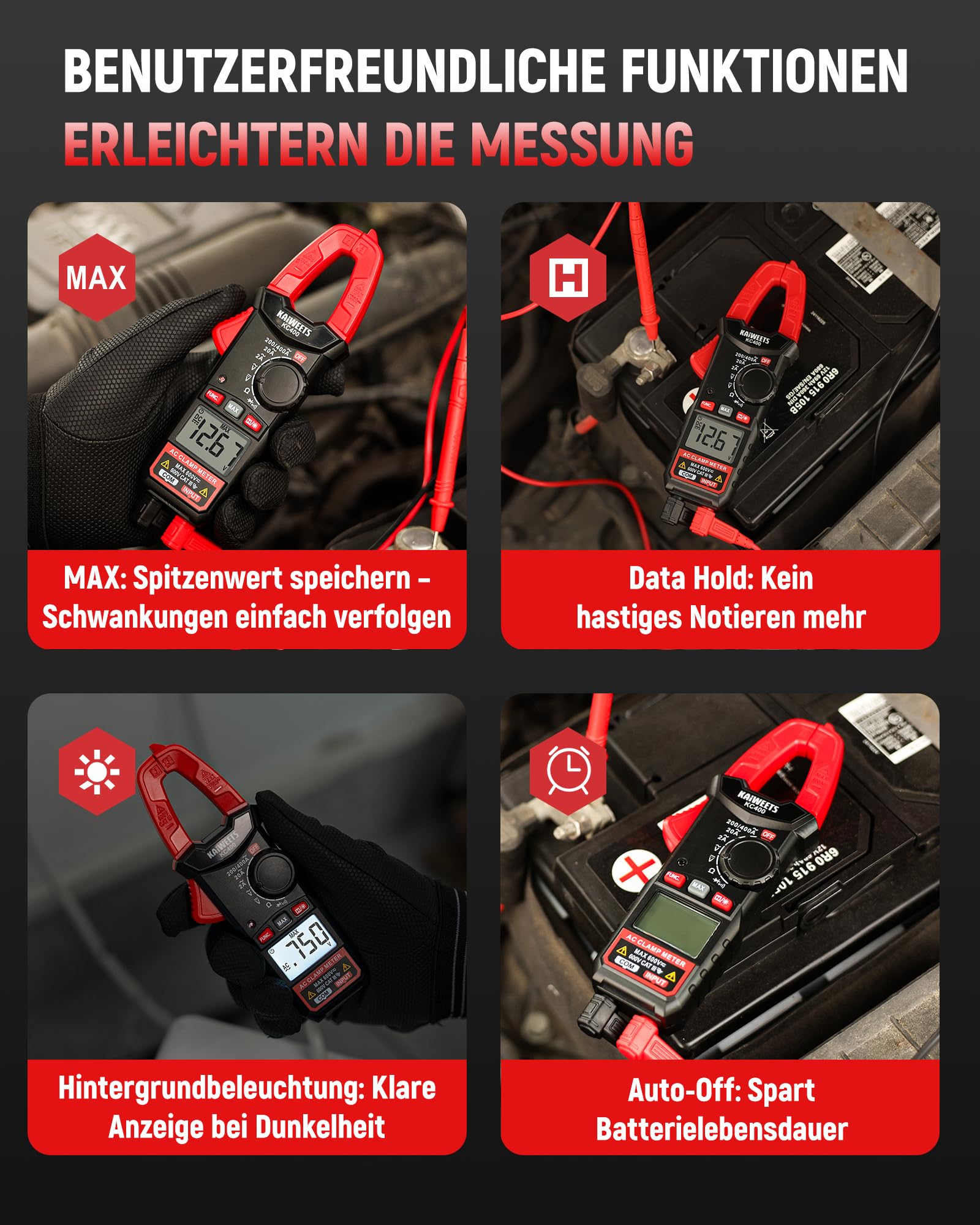 KAIWEETS Digital Stromzange, Tragbares Strommesszange 400A AC, 600V AC/DC, 2000 Counts, Auto Range Spannungsprüfer, Messgerät für Strom, Spannung, Widerstand, Durchgang & Diode, KC400