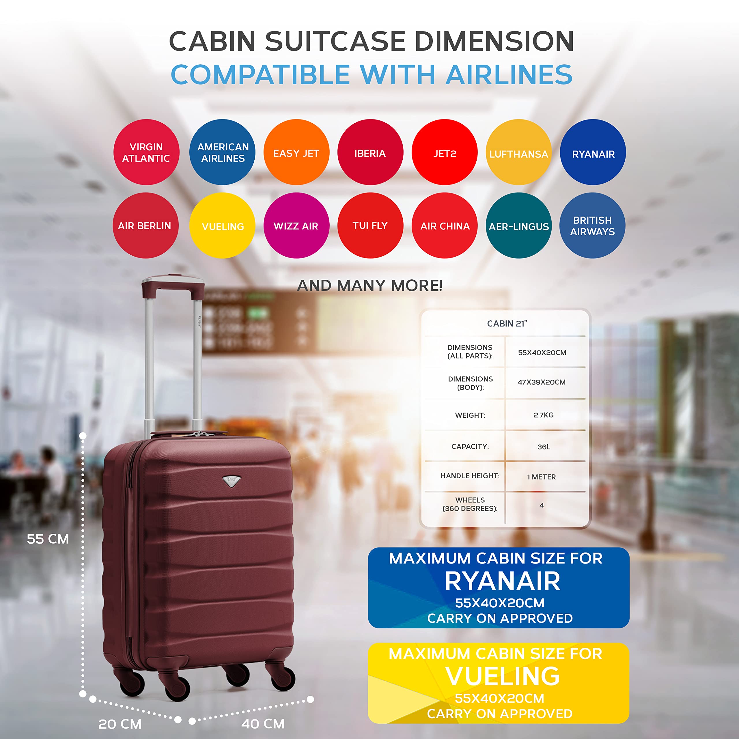 Flight Knight Cabin Suitcase 55x40x20 Ryanair Priority, EasyJet, Jet2 Lightweight Small Durable 4-Wheel Cabin Case, Carry-On for Over 60 Airlines, Hard Shell, 10kg Hand Luggage Bag (55 x 40 x 20 cm)